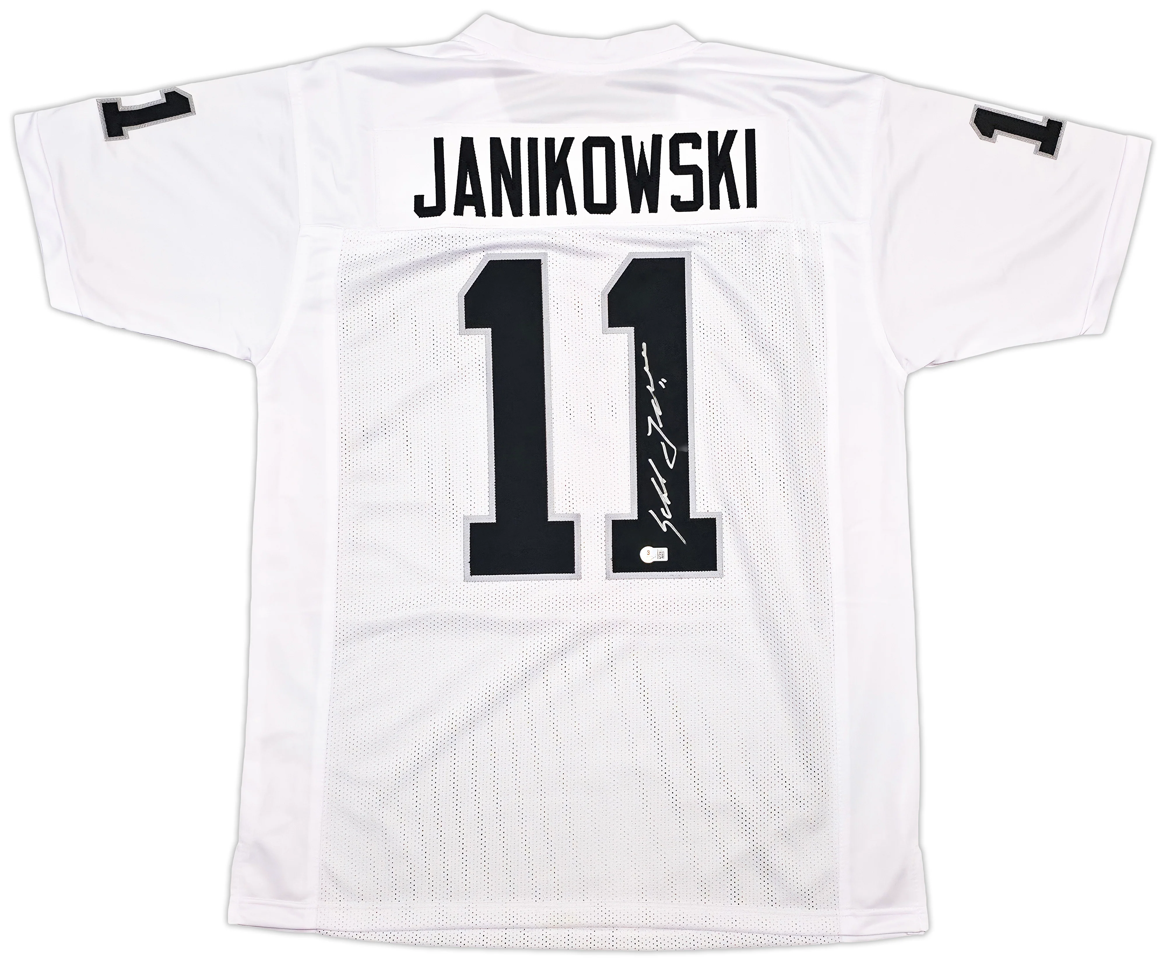Oakland Raiders Sebastian Janikowski Autographed White Jersey Beckett BAS QR Stock #253390
