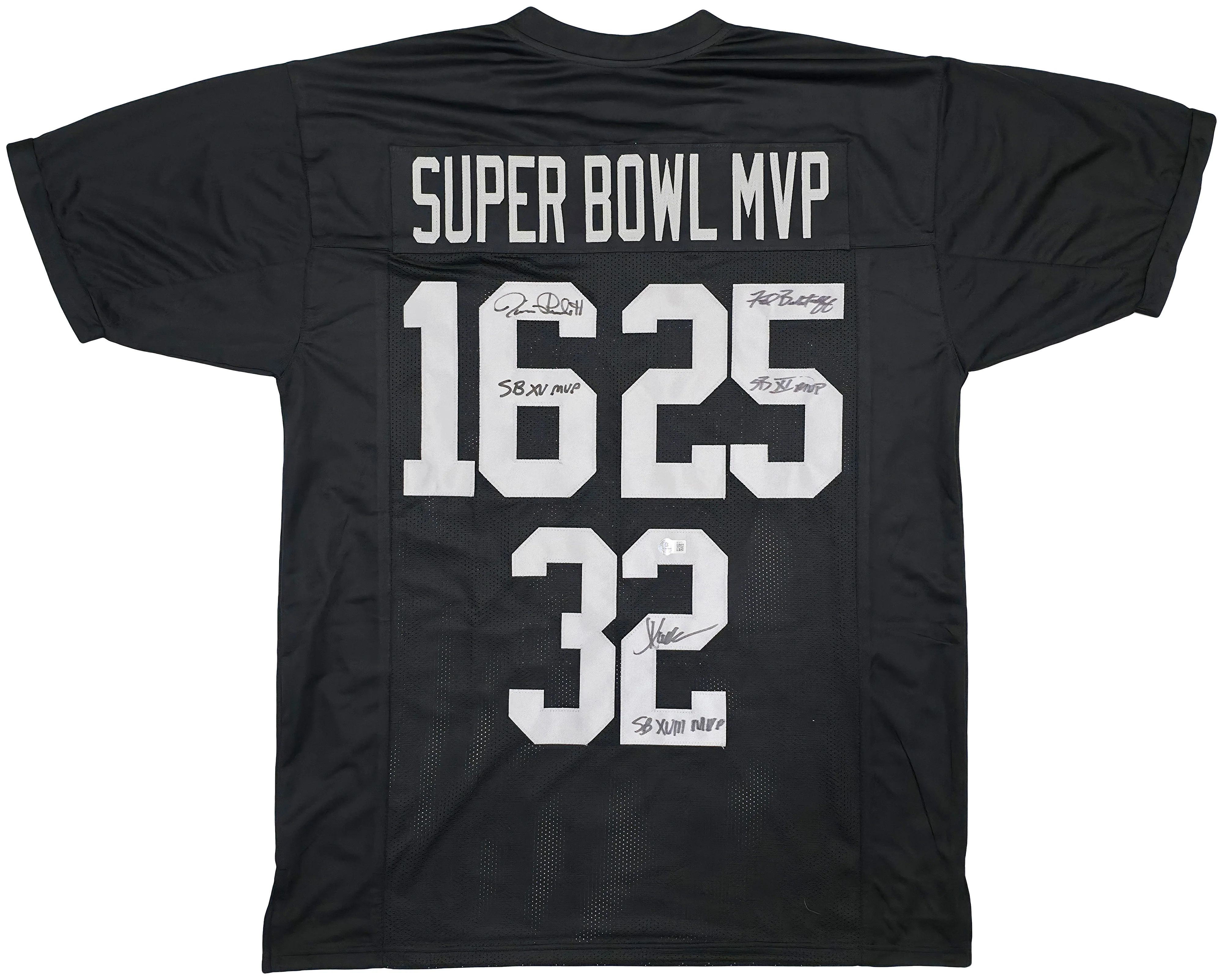 Oakland Raiders Super Bowl MVP's Fred Biletnikoff, Jim Plunkett and Marcus Allen Autographed Black Jersey Beckett BAS Stock #249489