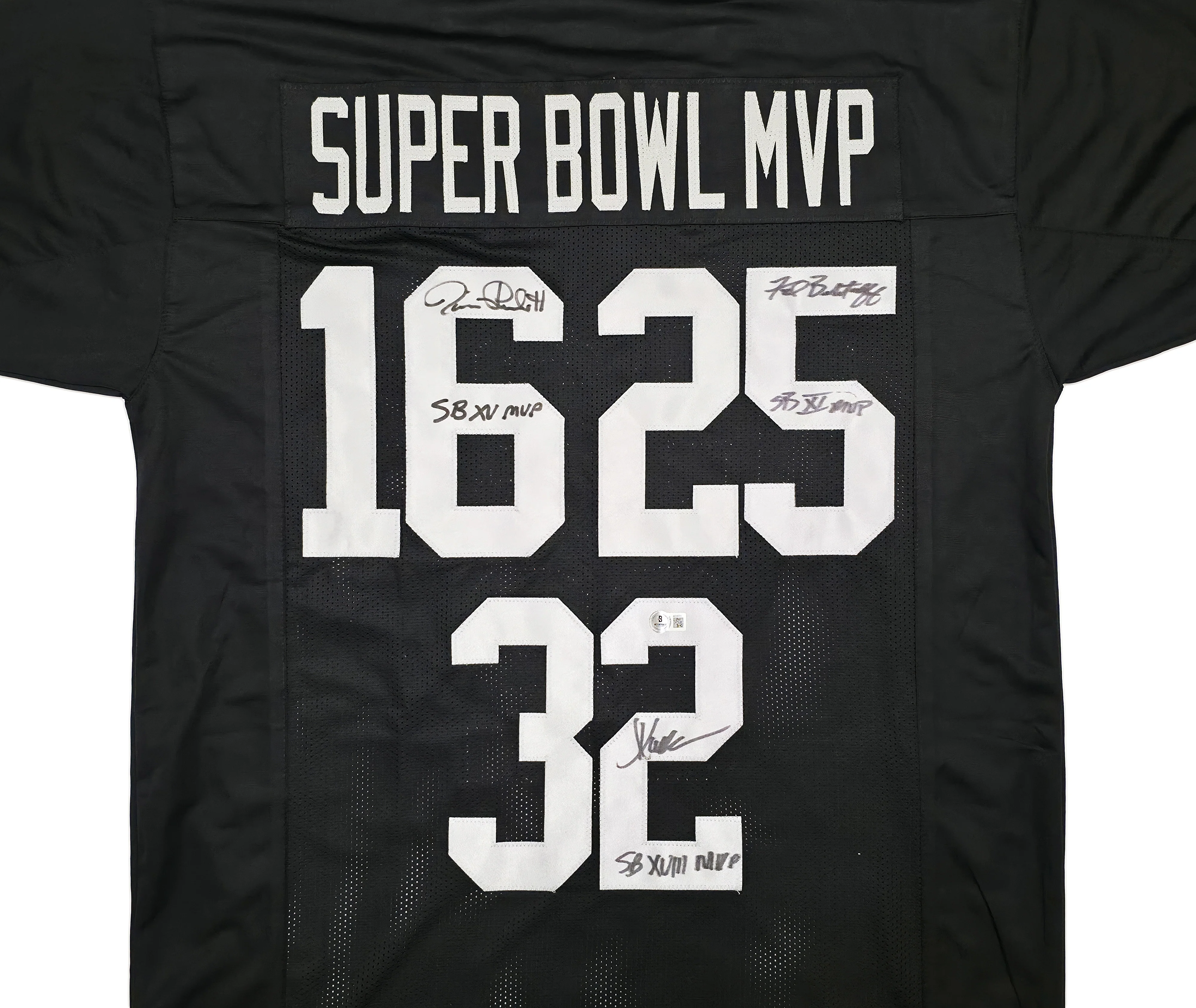 Oakland Raiders Super Bowl MVP's Fred Biletnikoff, Jim Plunkett and Marcus Allen Autographed Black Jersey Beckett BAS Stock #249489 - Image 2