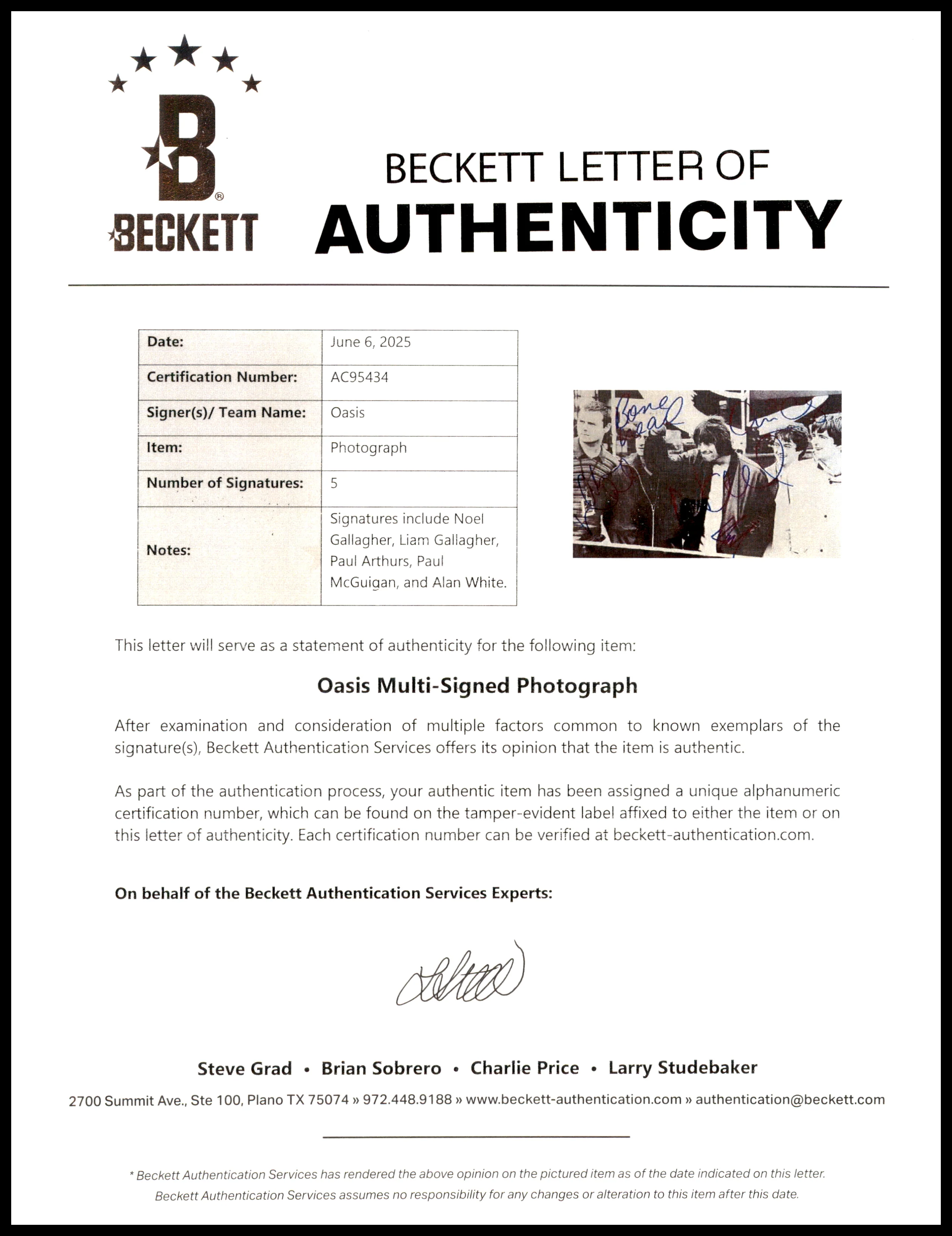 Oasis Autographed 8x12 Photo Band With 5 Signatures Including Noel & Liam Gallagher Beckett BAS #AC95434 - Image 2
