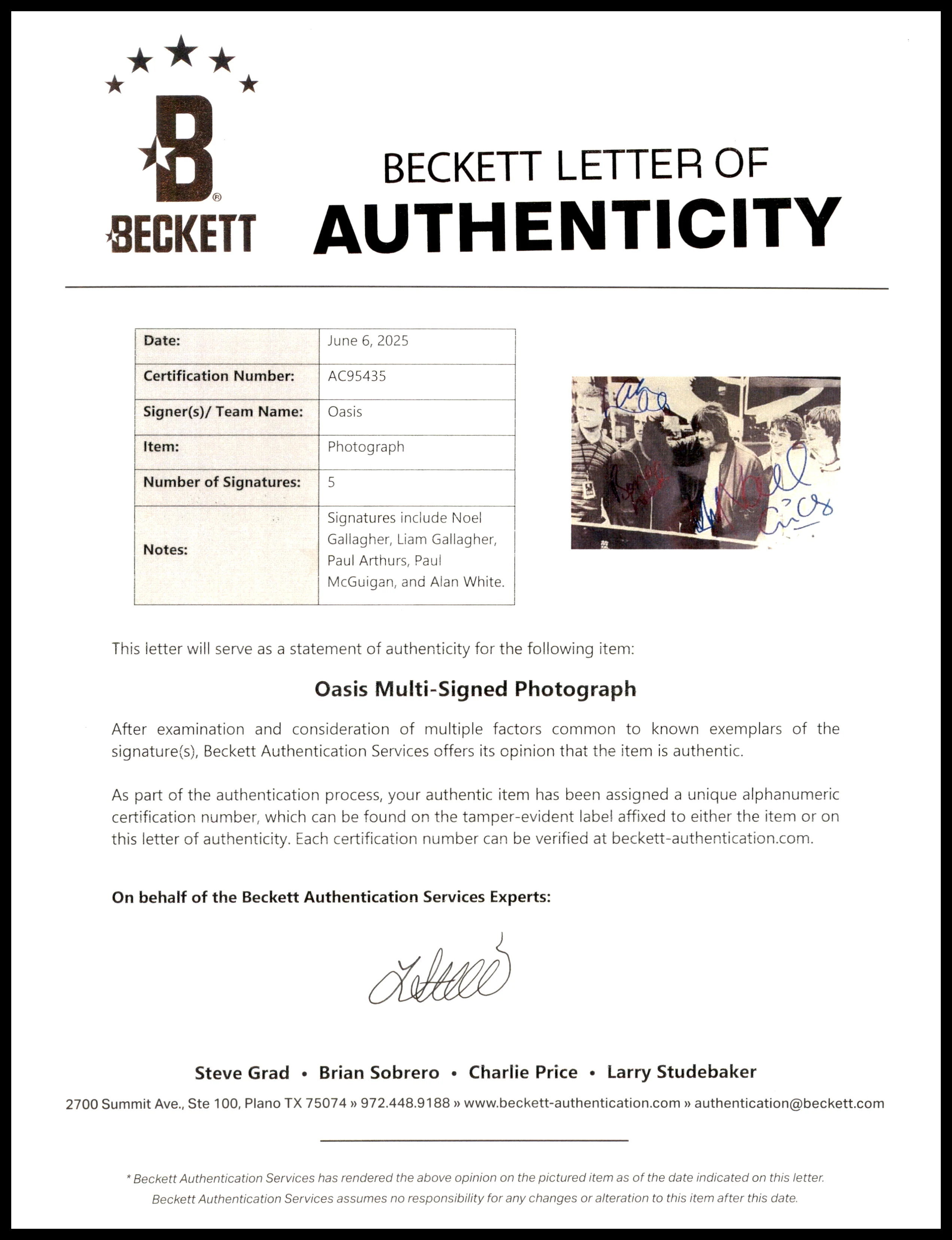 Oasis Autographed 8x12 Photo Band With 5 Signatures Including Noel & Liam Gallagher Beckett BAS #AC95435 - Image 2