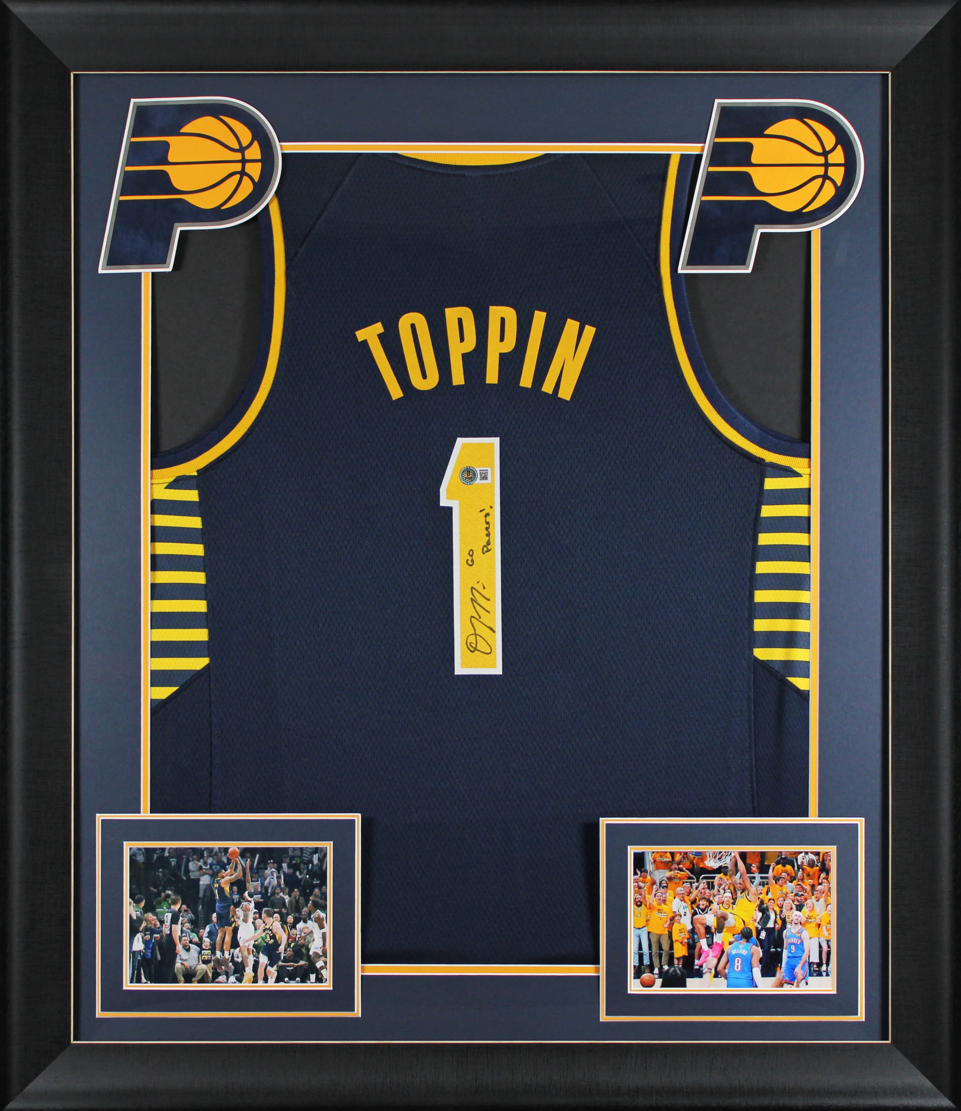 Obi Toppin "Go Pacers!" Signed Navy Pro Style Framed Jersey BAS Witnessed - Image 2