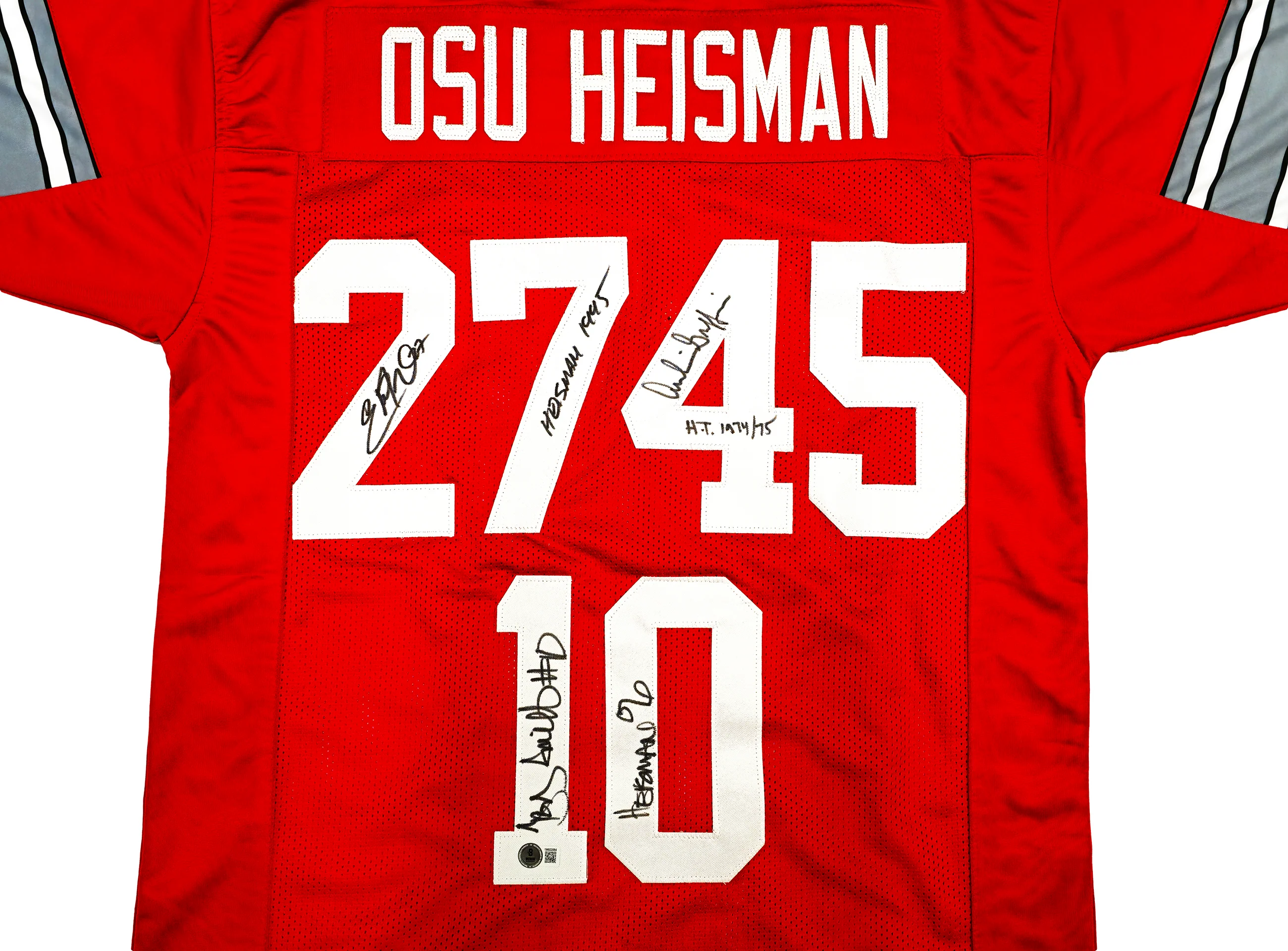 Ohio State Buckeyes Archie Griffin, Eddie George & Troy Smith Autographed Red Jersey Heisman Trophy Winners Beckett BAS Witness Stock #230170 - Image 2