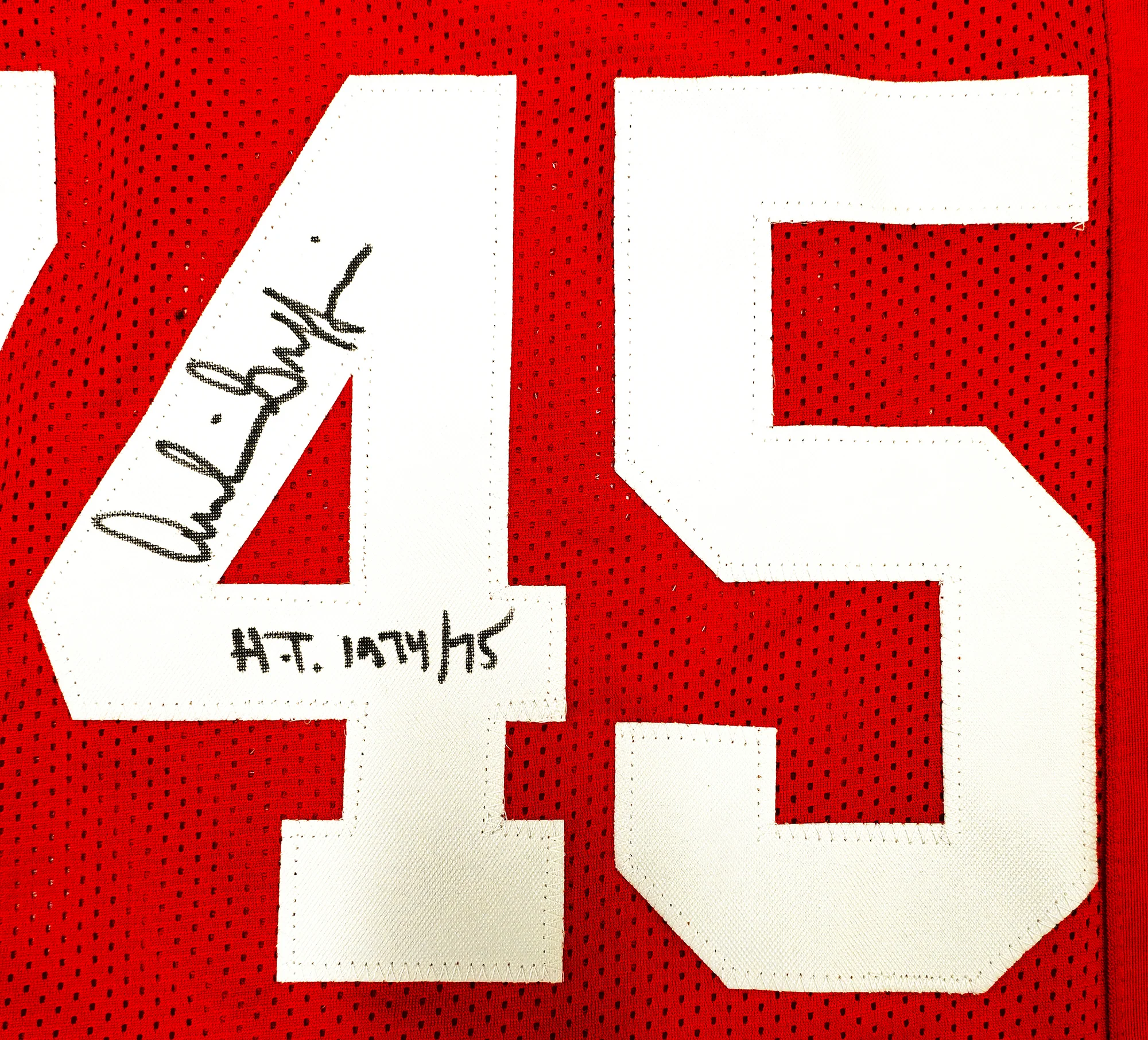 Ohio State Buckeyes Archie Griffin, Eddie George & Troy Smith Autographed Red Jersey Heisman Trophy Winners Beckett BAS Witness Stock #230170 - Image 3