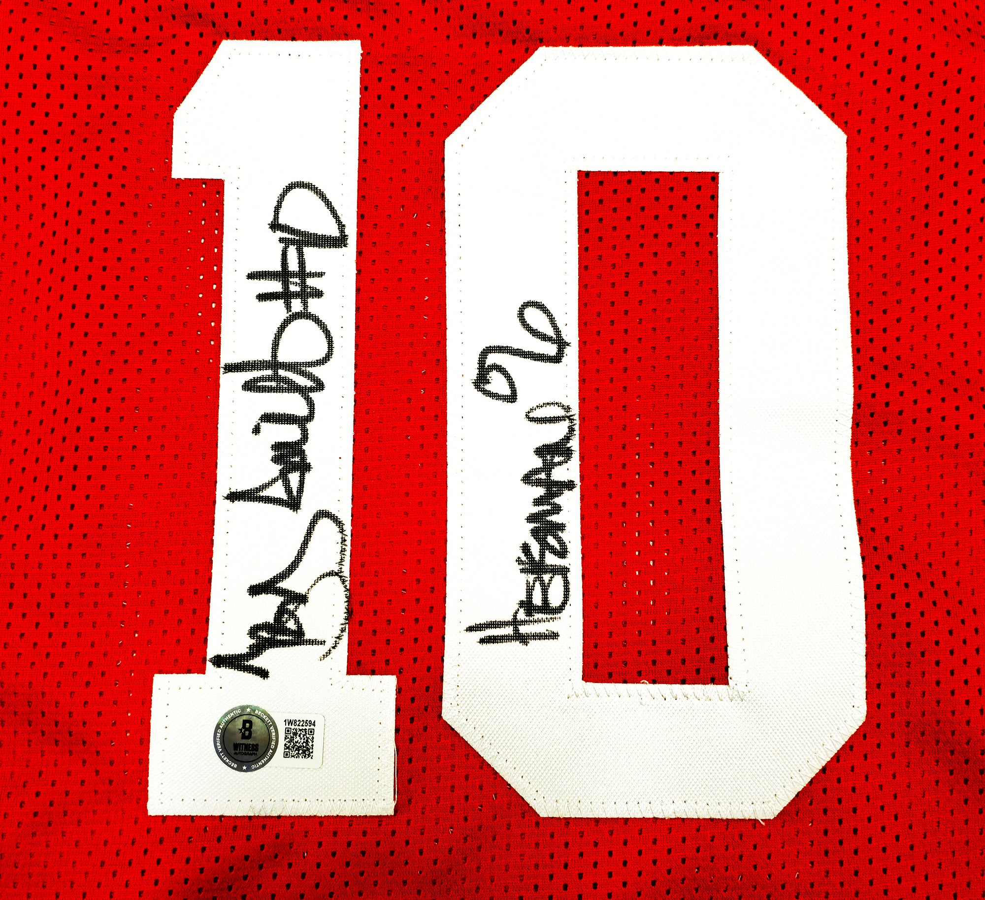Ohio State Buckeyes Archie Griffin, Eddie George & Troy Smith Autographed Red Jersey Heisman Trophy Winners Beckett BAS Witness Stock #230170 - Image 5