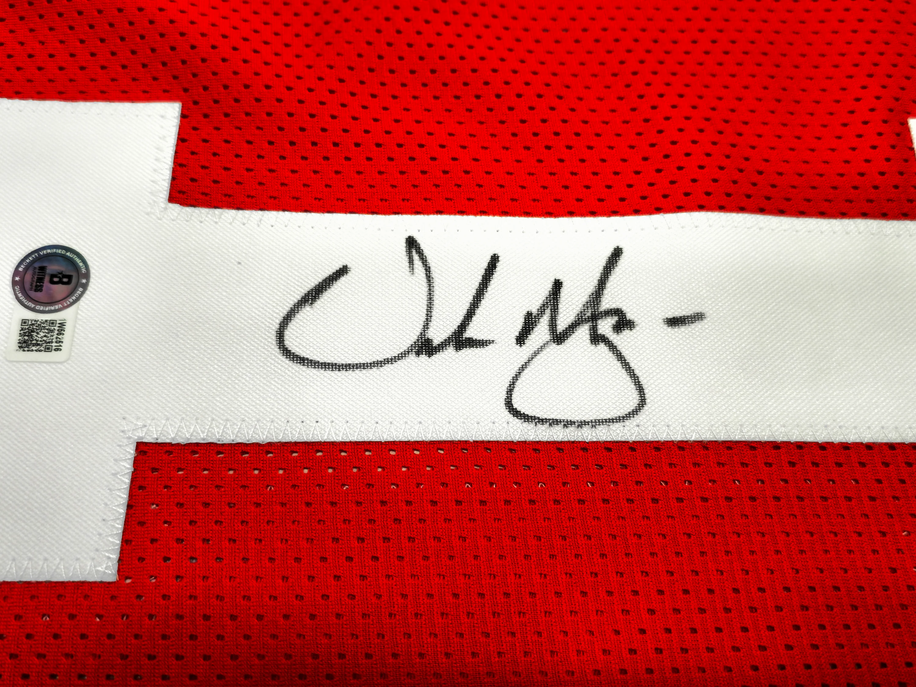 Ohio State Buckeyes Urban Meyer Autographed Red Jersey Beckett BAS Witness Stock #230169 - Image 4