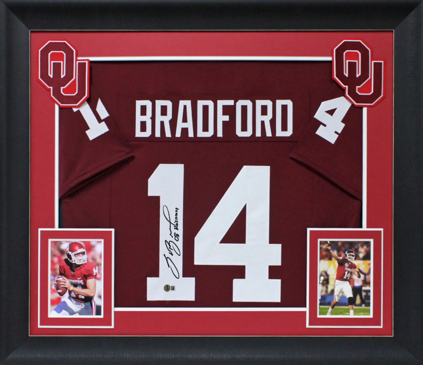 Oklahoma Sam Bradford "2008 Heisman" Signed Maroon Pro Style Framed Jersey BAS W - Image 2