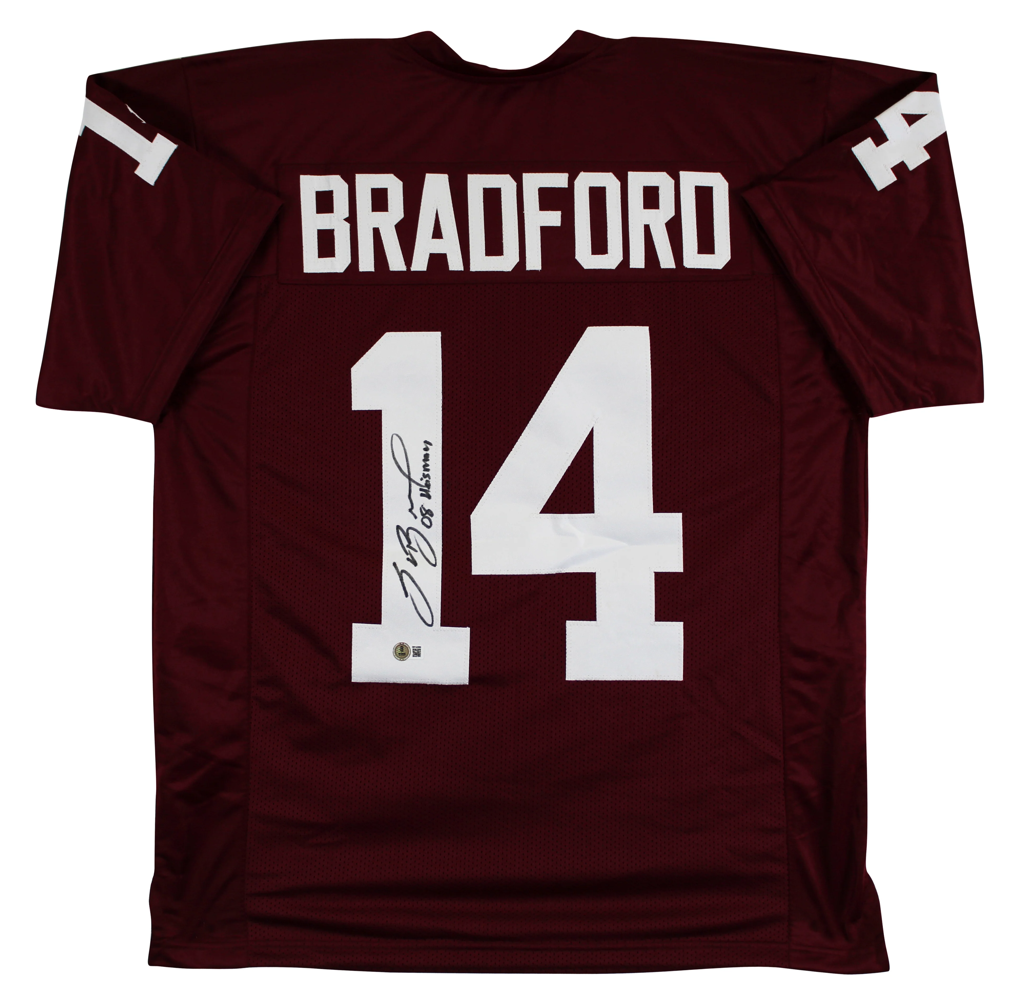 Oklahoma Sam Bradford "2008 Heisman" Signed Maroon Pro Style Jersey BAS Witness - Image 2