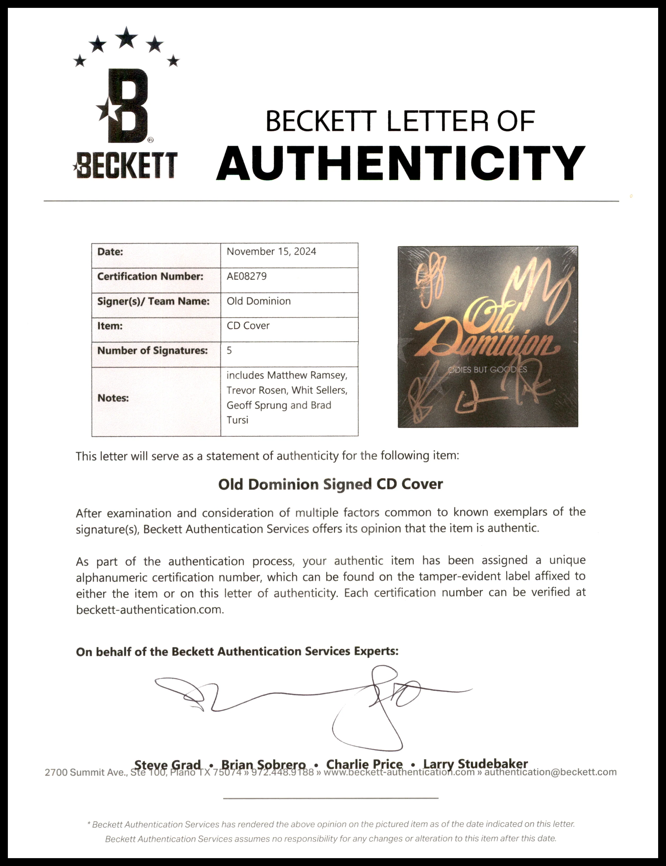 Old Dominion Autographed "Odies But Goodies" CD Cover Signed By All 5 Band Members Beckett BAS #AE08279 - Image 4