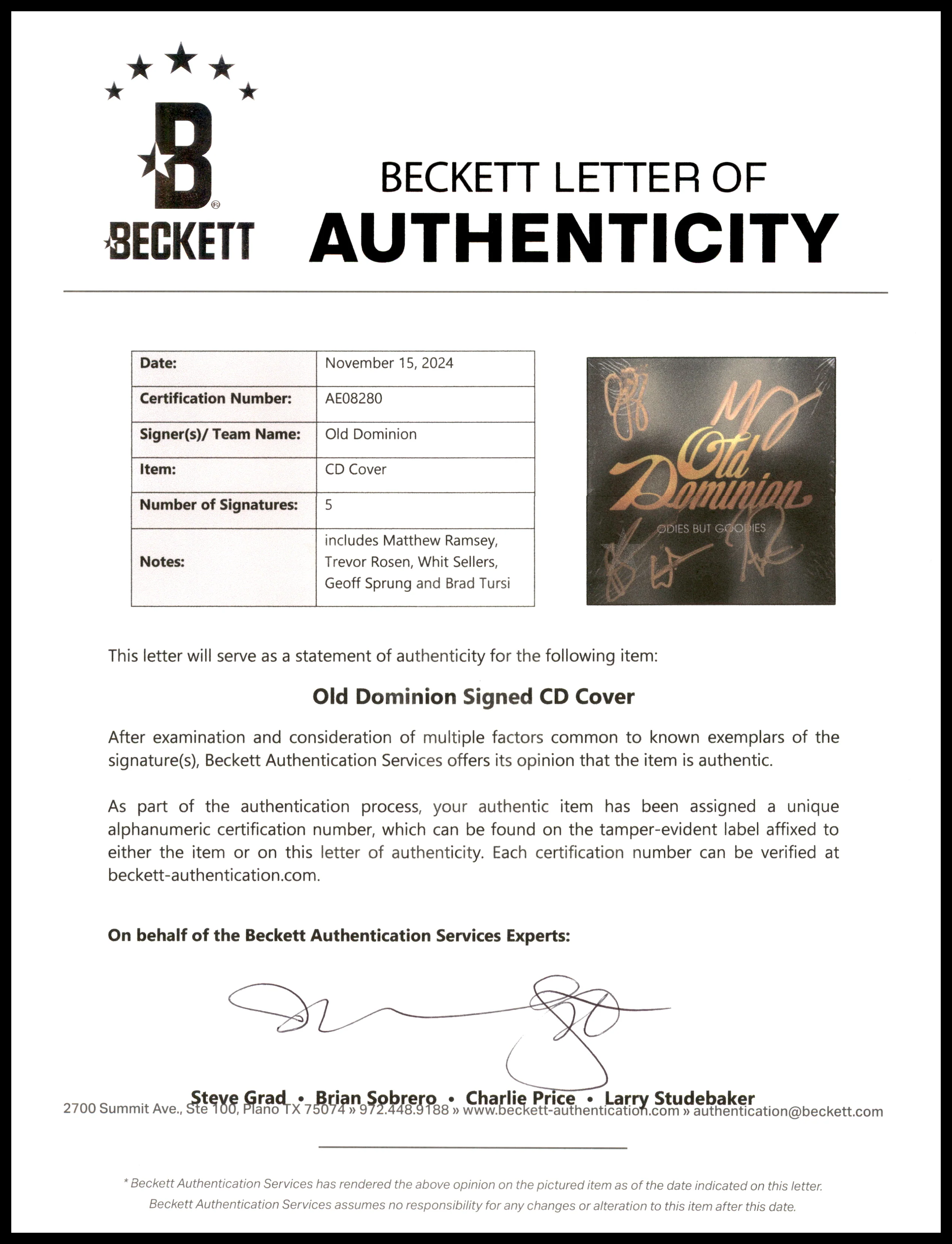 Old Dominion Autographed "Odies But Goodies" CD Cover Signed By All 5 Band Members Beckett BAS #AE08280 - Image 4