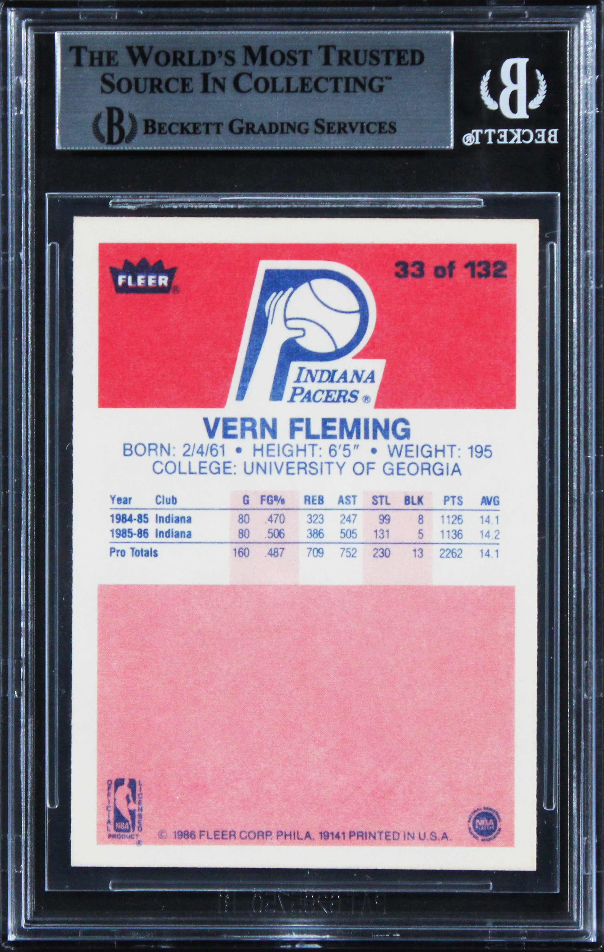 Pacers Vern Fleming Authentic Signed 1986 Fleer #33 Card BAS Slabbed - Image 3