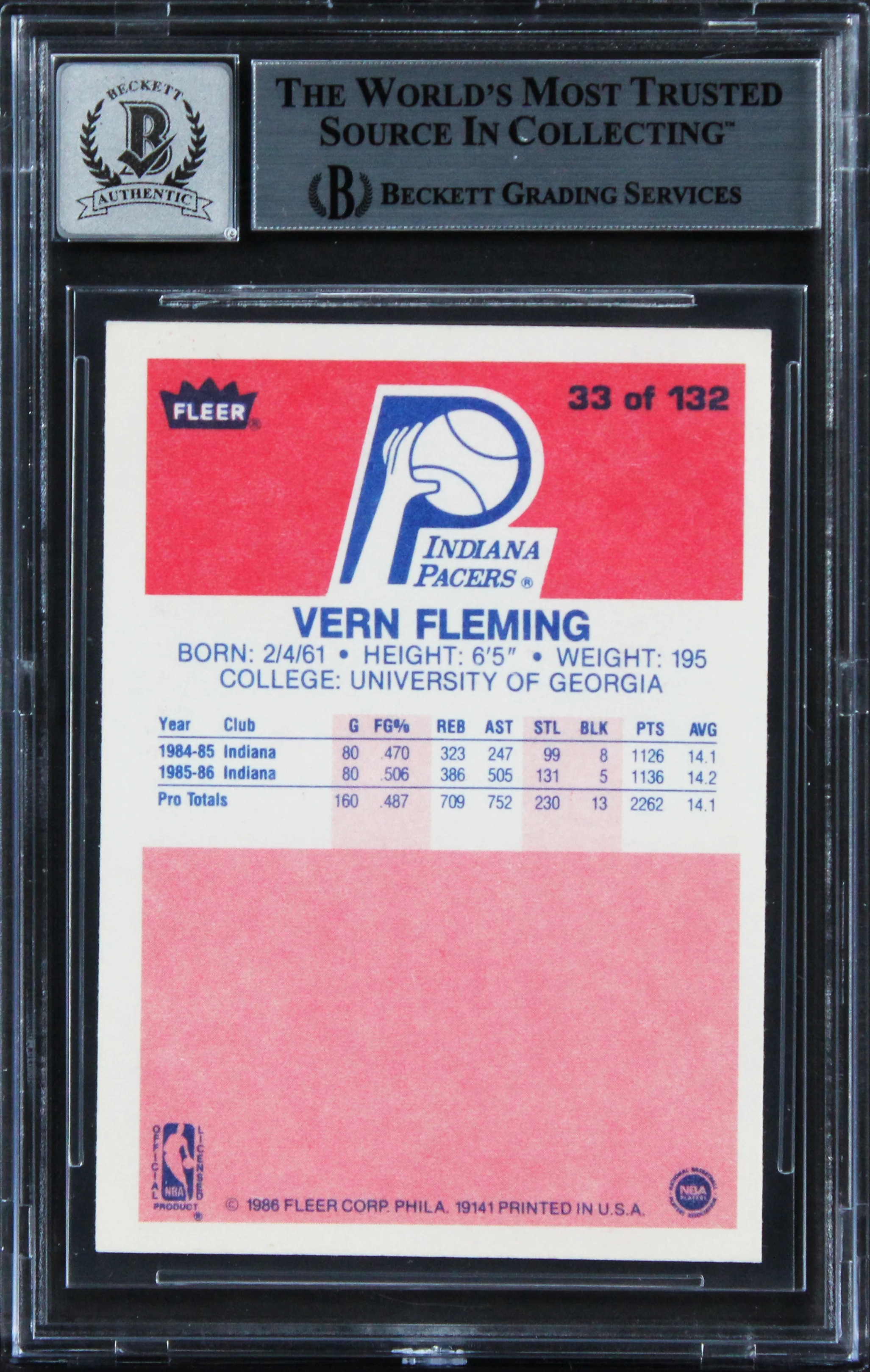 Pacers Vern Fleming Signed 1986 Fleer #33 Card Auto Graded Mint 10! BAS Slabbed - Image 3