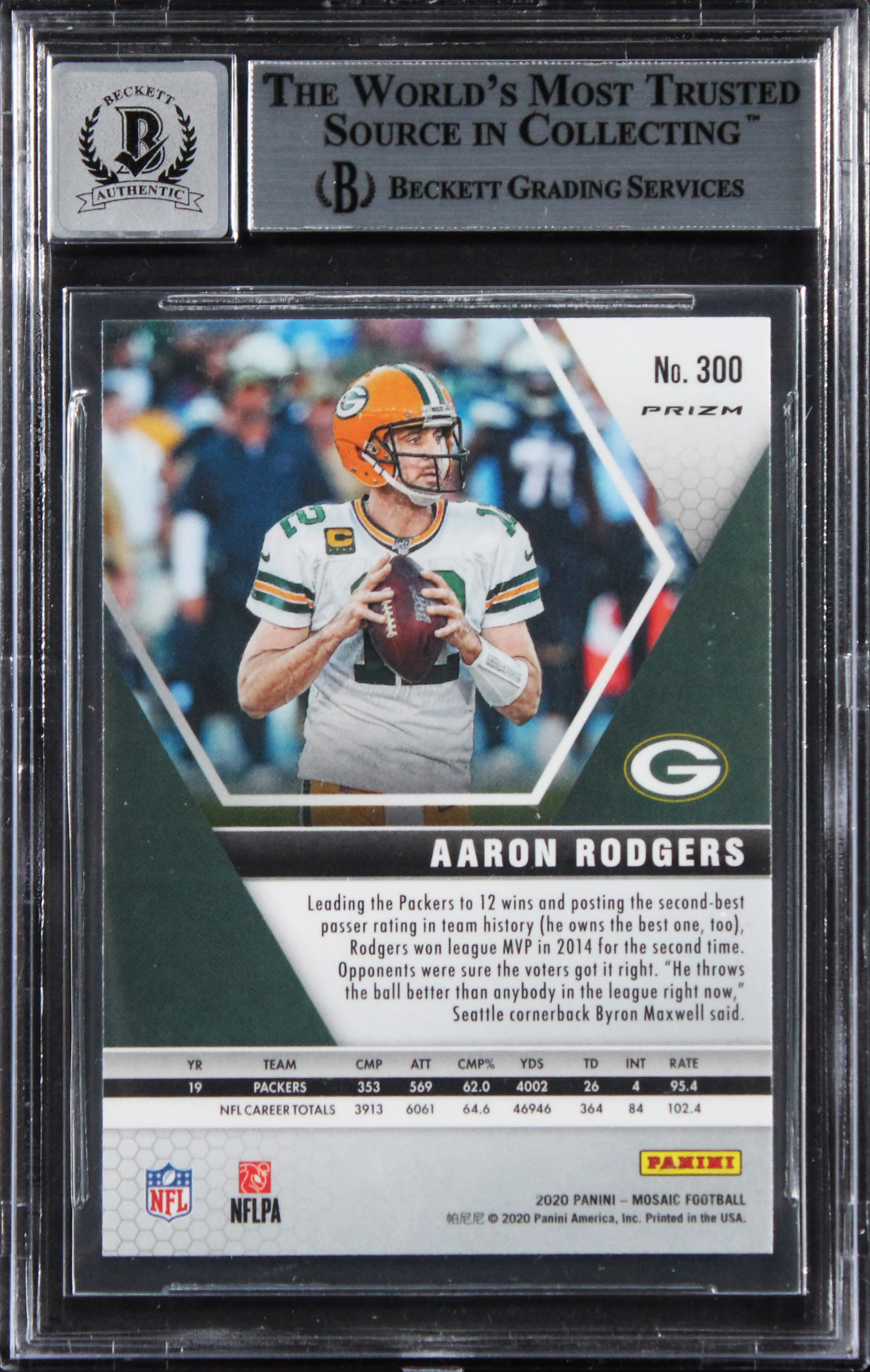Packers Aaron Rodgers Signed 2020 Panini Mosaic #300 Card Auto 10! BAS Slabbed - Image 3