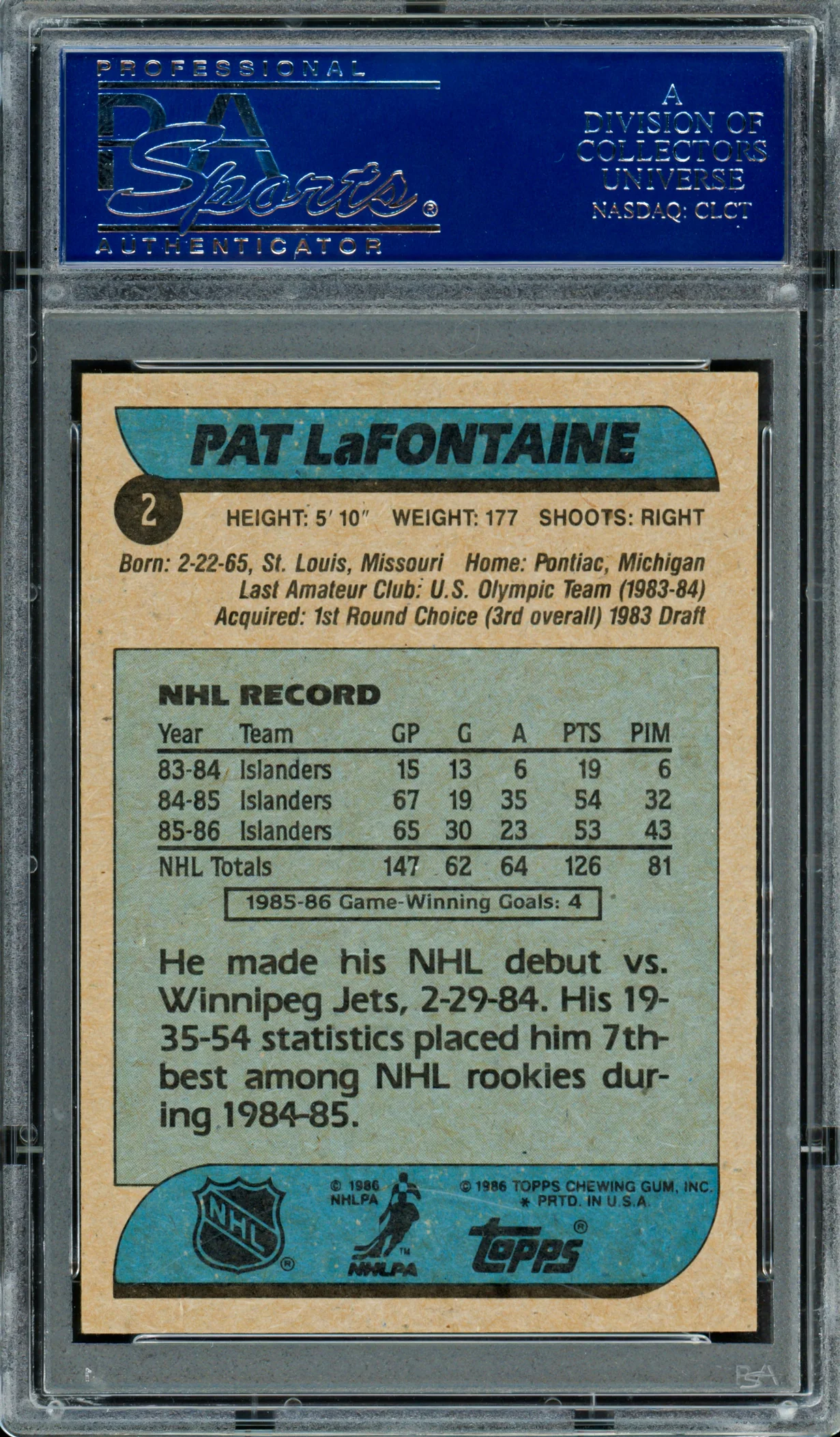 Pat LaFontaine Autographed 1986-87 Topps Card #2 New York Islanders PSA/DNA #83469077 - Image 2