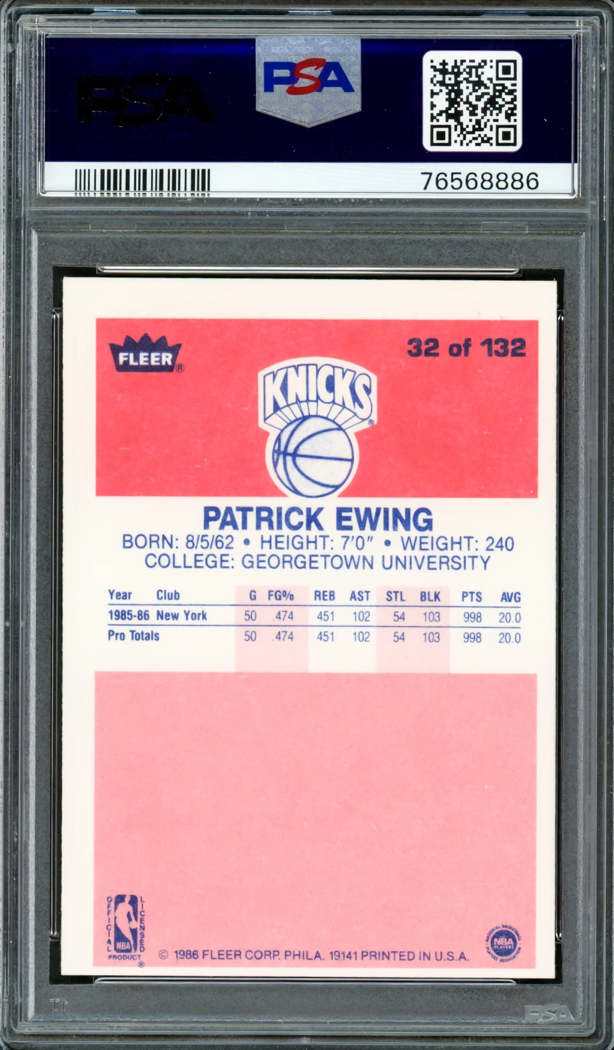Patrick Ewing Autographed 1986-87 Fleer Rookie Card #32 New York Knicks PSA 6 Auto Grade Gem Mint 10 PSA/DNA #76568886 - Image 2