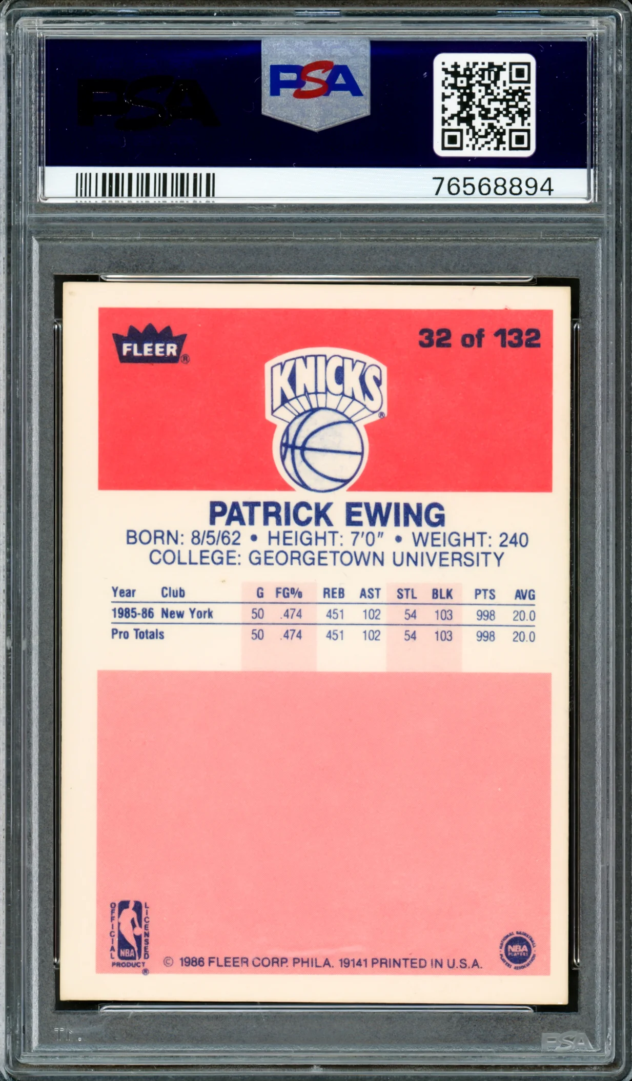 Patrick Ewing Autographed 1986-87 Fleer Rookie Card #32 New York Knicks PSA 6 Auto Grade Gem Mint 10 PSA/DNA #76568894 - Image 2