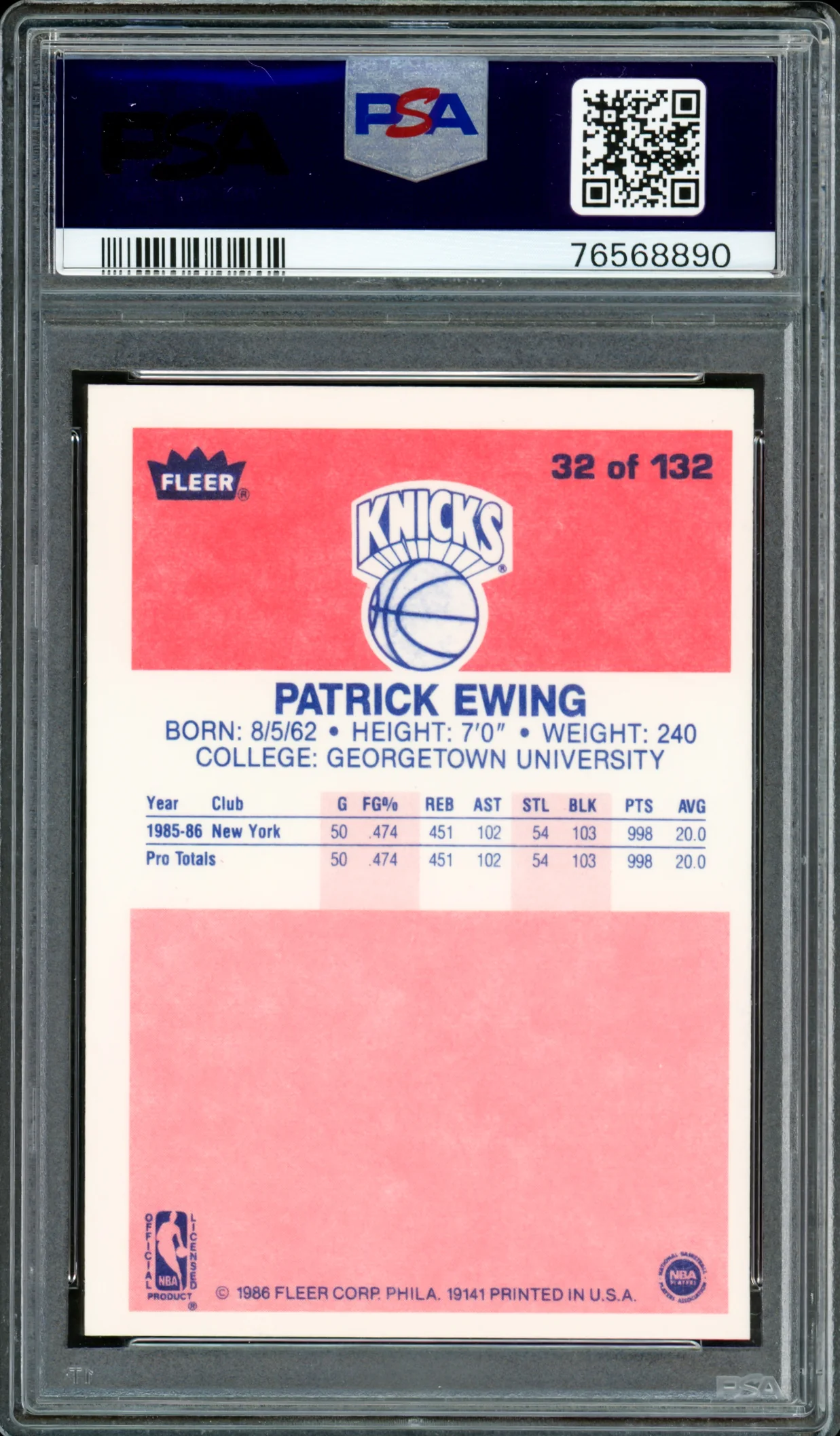 Patrick Ewing Autographed 1986-87 Fleer Rookie Card #32 New York Knicks PSA 7 Auto Grade Gem Mint 10 PSA/DNA #76568890 - Image 2