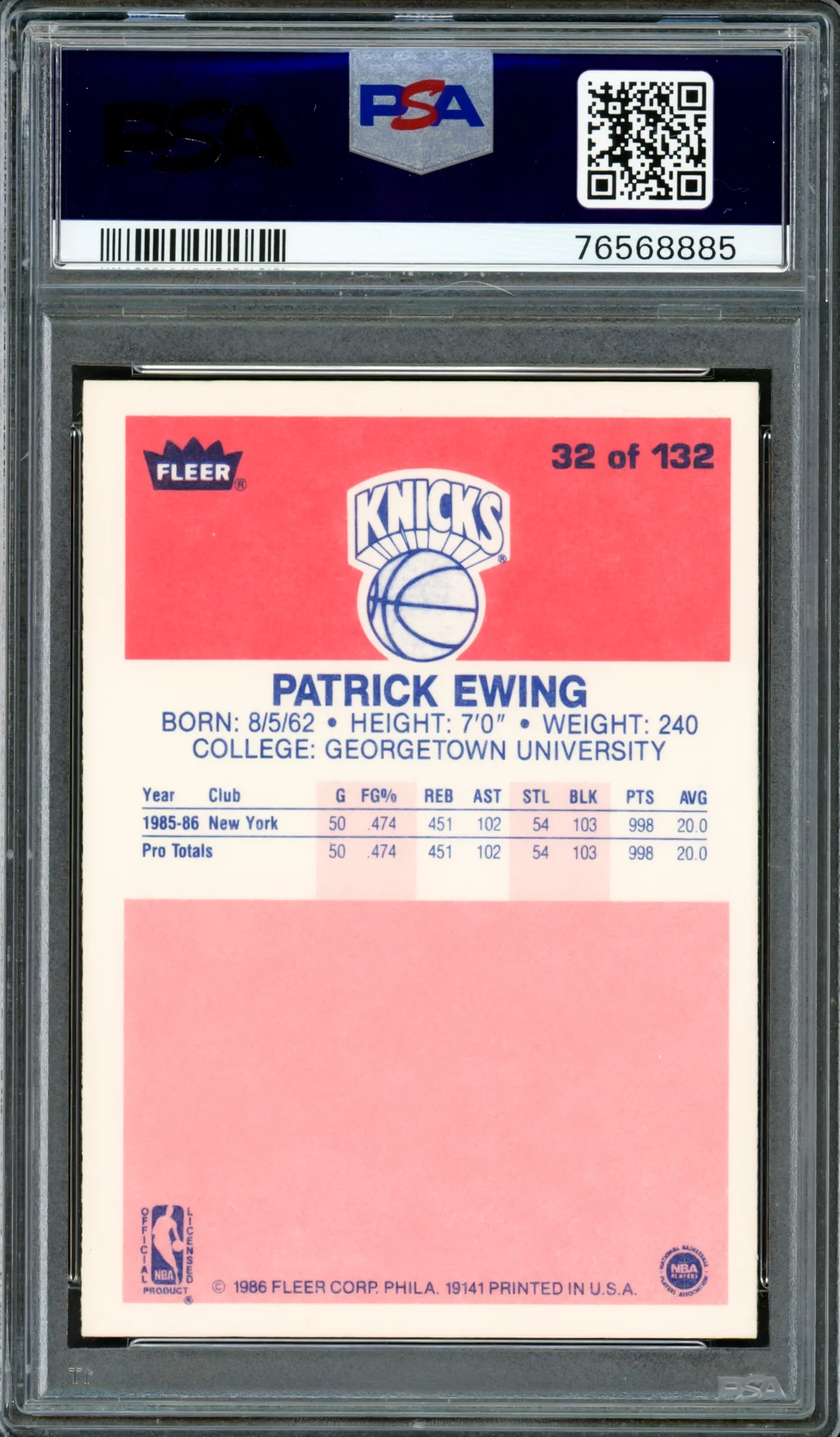 Patrick Ewing Autographed 1986-87 Fleer Rookie Card #32 New York Knicks PSA 8 Auto Grade Gem Mint 10 PSA/DNA #76568885 - Image 2