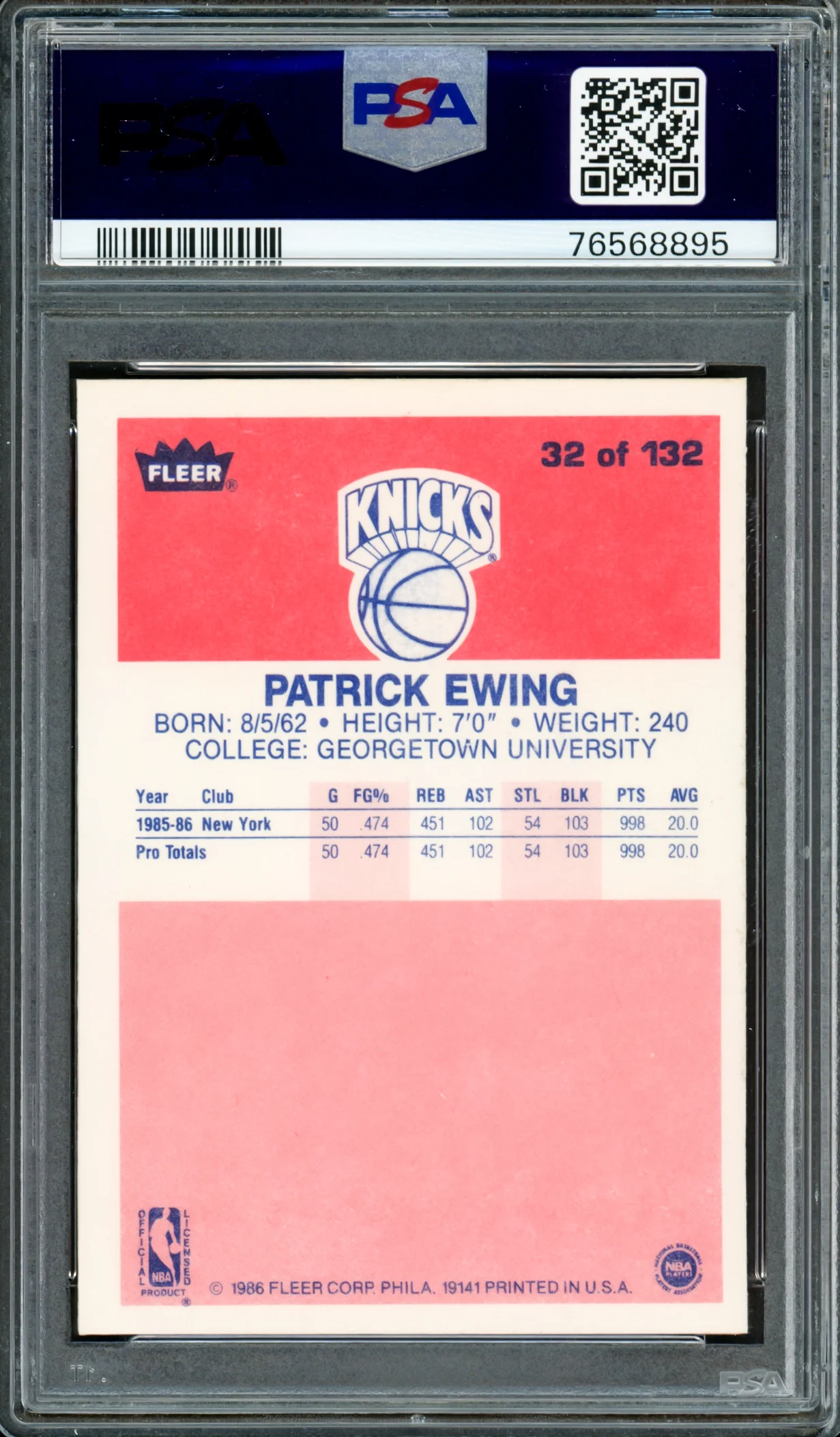 Patrick Ewing Autographed 1986-87 Fleer Rookie Card #32 New York Knicks PSA 8 Auto Grade Gem Mint 10 PSA/DNA #76568895 - Image 2