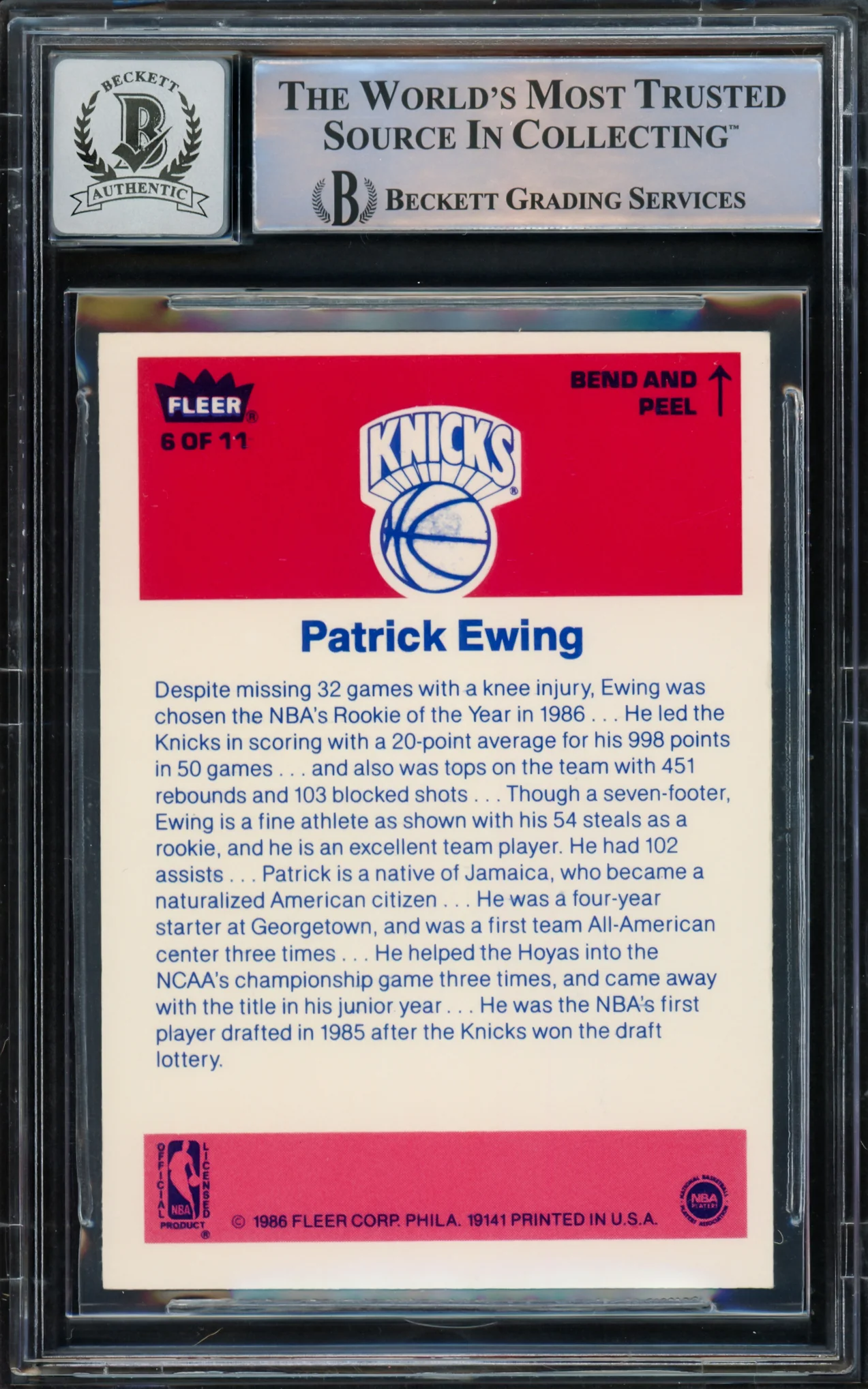 Patrick Ewing Autographed 1986-87 Fleer Sticker Rookie Card #6 New York Knicks Auto Grade Gem Mint 10 Beckett BAS #15772179 - Image 2