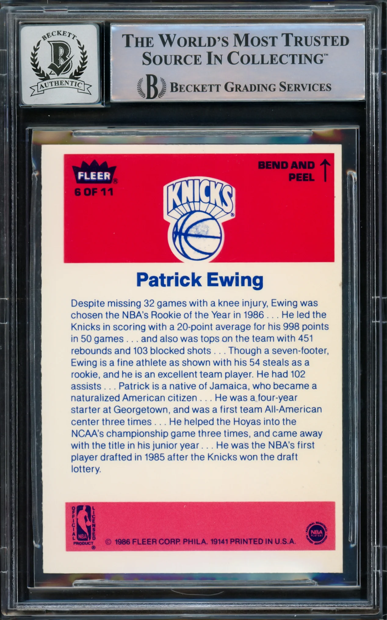 Patrick Ewing Autographed 1986-87 Fleer Sticker Rookie Card #6 New York Knicks Auto Grade Gem Mint 10 Beckett BAS #15772181 - Image 2