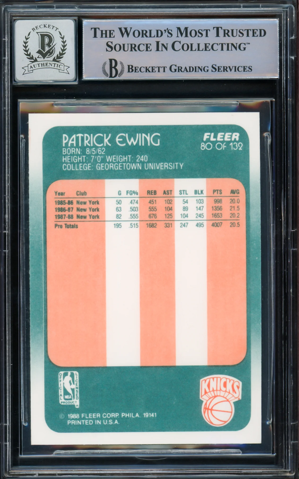 Patrick Ewing Autographed 1988-89 Fleer Card #80 New York Knicks Auto Grade Gem Mint 10 Beckett BAS #15772193 - Image 2