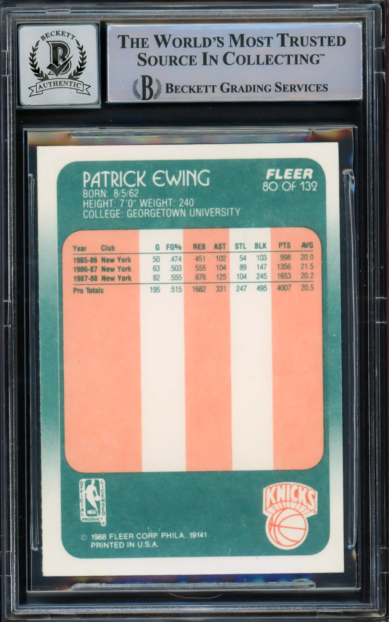 Patrick Ewing Autographed 1988-89 Fleer Card #80 New York Knicks Auto Grade Gem Mint 10 Beckett BAS #15772196 - Image 2