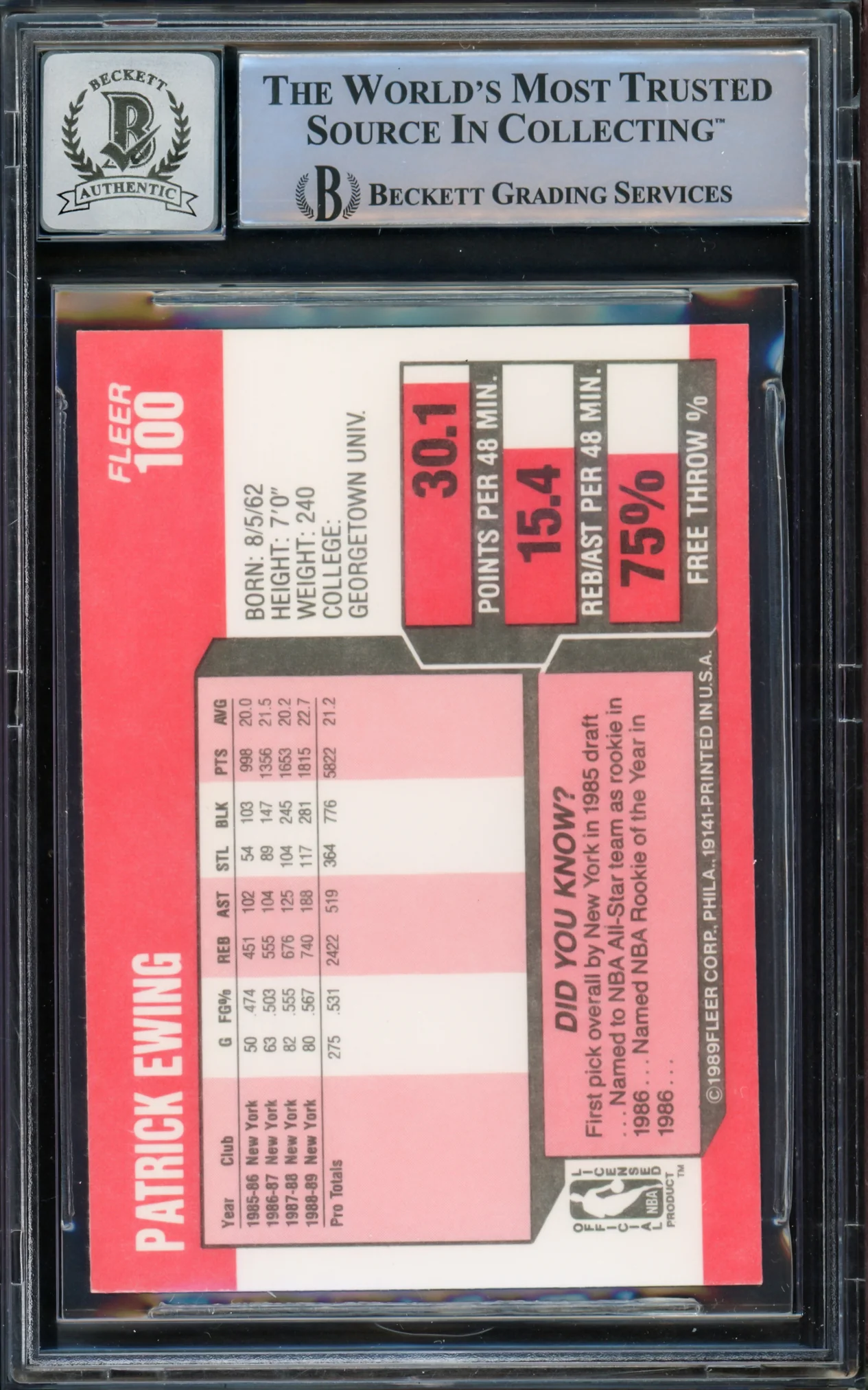 Patrick Ewing Autographed 1989-90 Fleer Card #100 New York Knicks Auto Grade Gem Mint 10 Beckett BAS #15772299 - Image 2