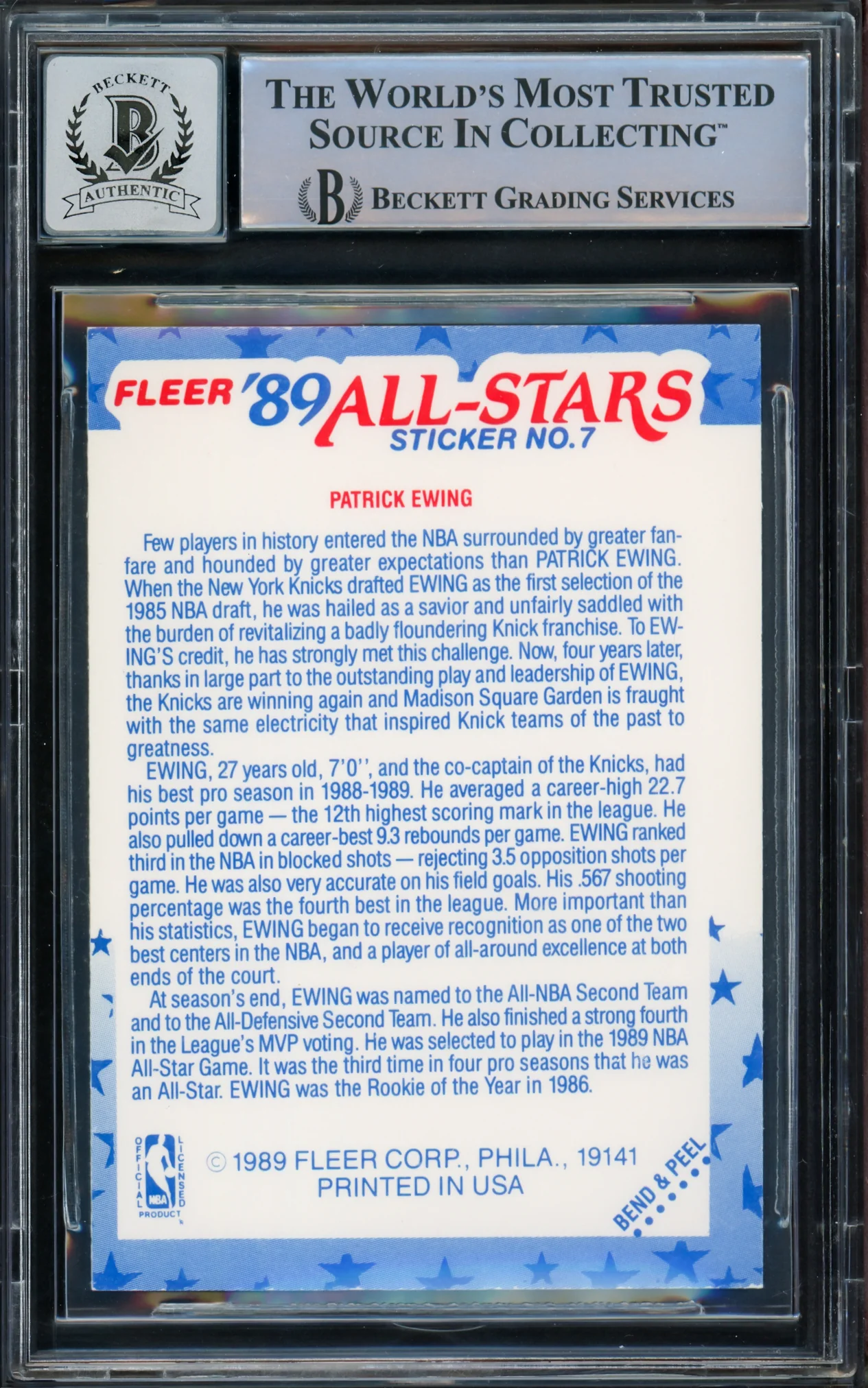 Patrick Ewing Autographed 1989-90 Fleer Sticker Card #7 New York Knicks Auto Grade Gem Mint 10 Beckett BAS #15772305 - Image 2