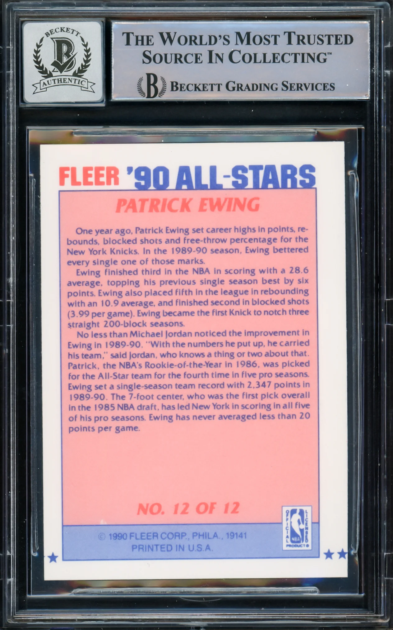 Patrick Ewing Autographed 1990-91 Fleer All-Stars Card #12 New York Knicks Auto Grade Gem Mint 10 Beckett BAS #15772310 - Image 2