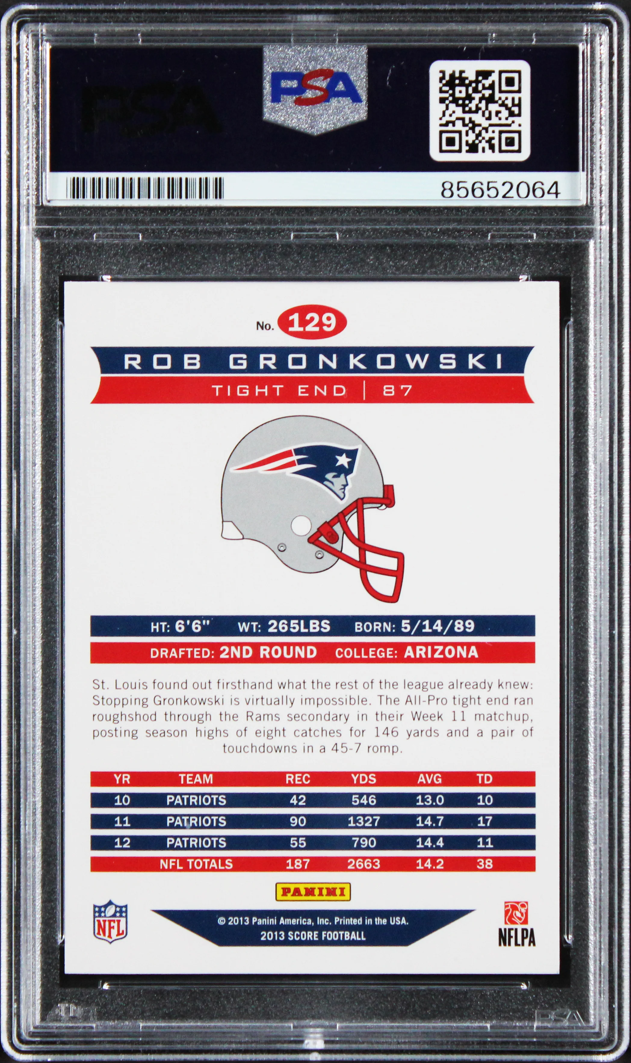 Patriots Rob Gronkowski Signed 2013 Panini Score #129 Card PSA/DNA Slabbed - Image 3