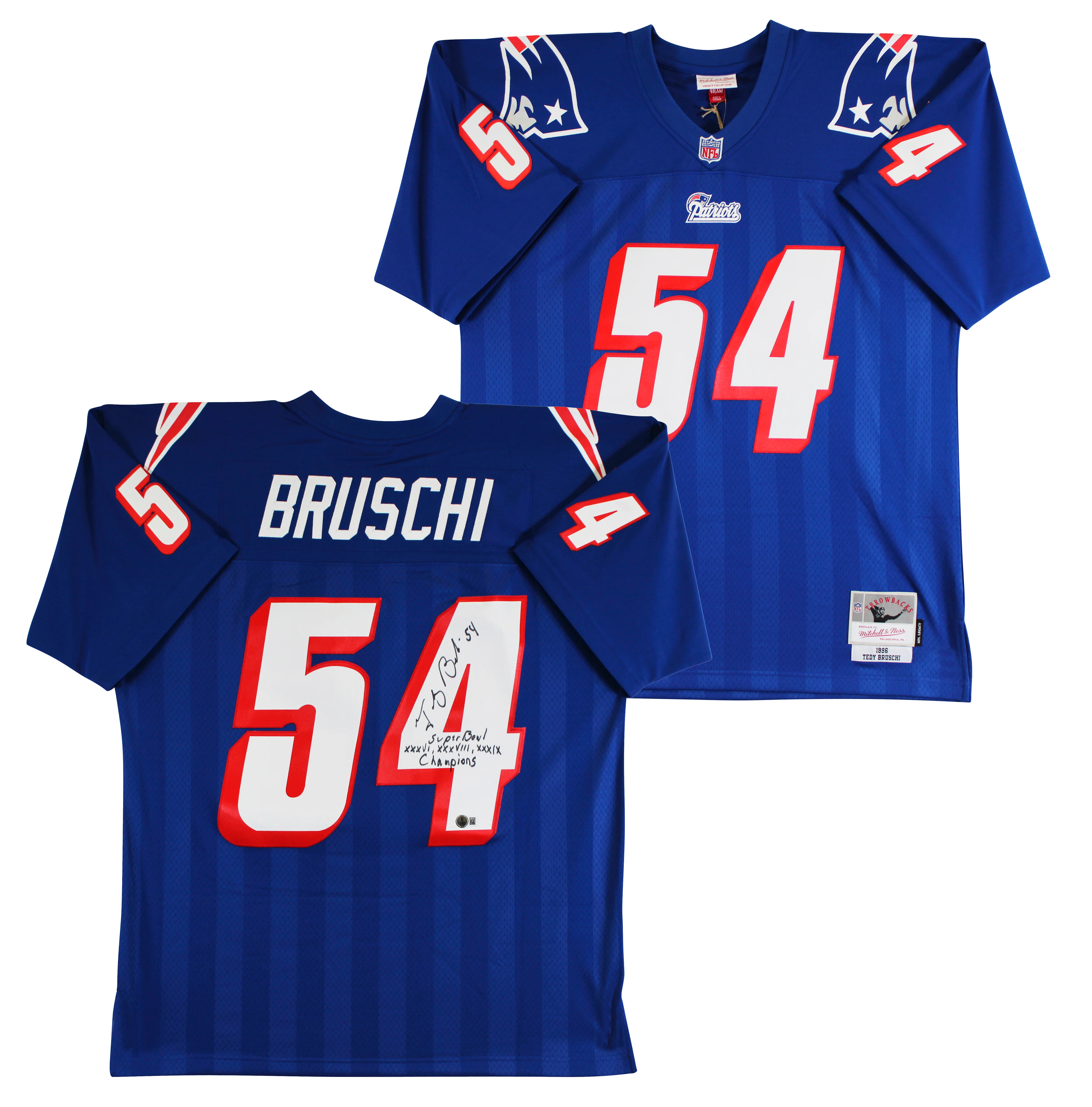 Patriots Tedy Bruschi "Super Bowl Champions" Signed Navy M&N TB Jersey BAS Wit - Image 2