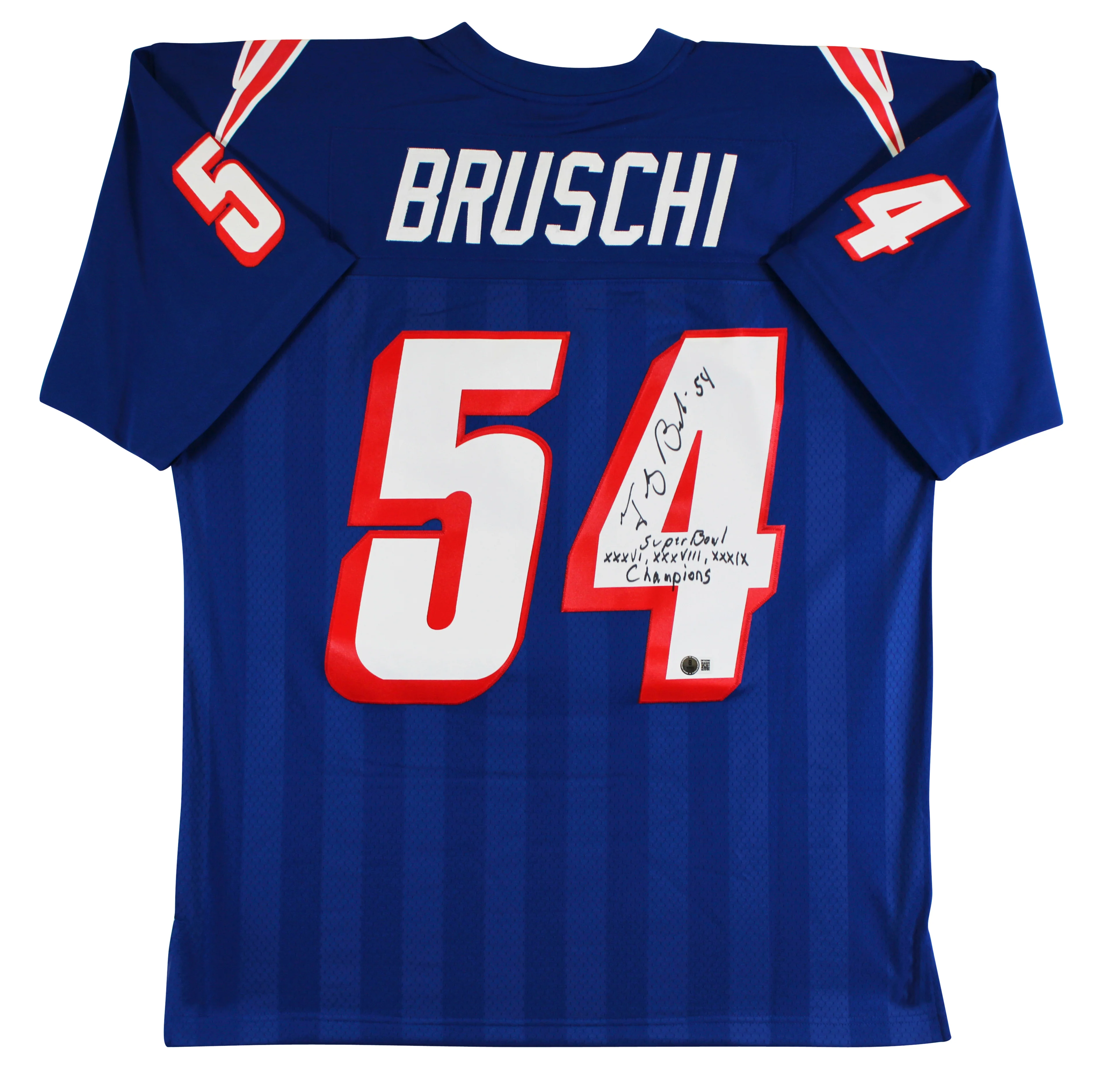 Patriots Tedy Bruschi "Super Bowl Champions" Signed Navy M&N TB Jersey BAS Wit - Image 3