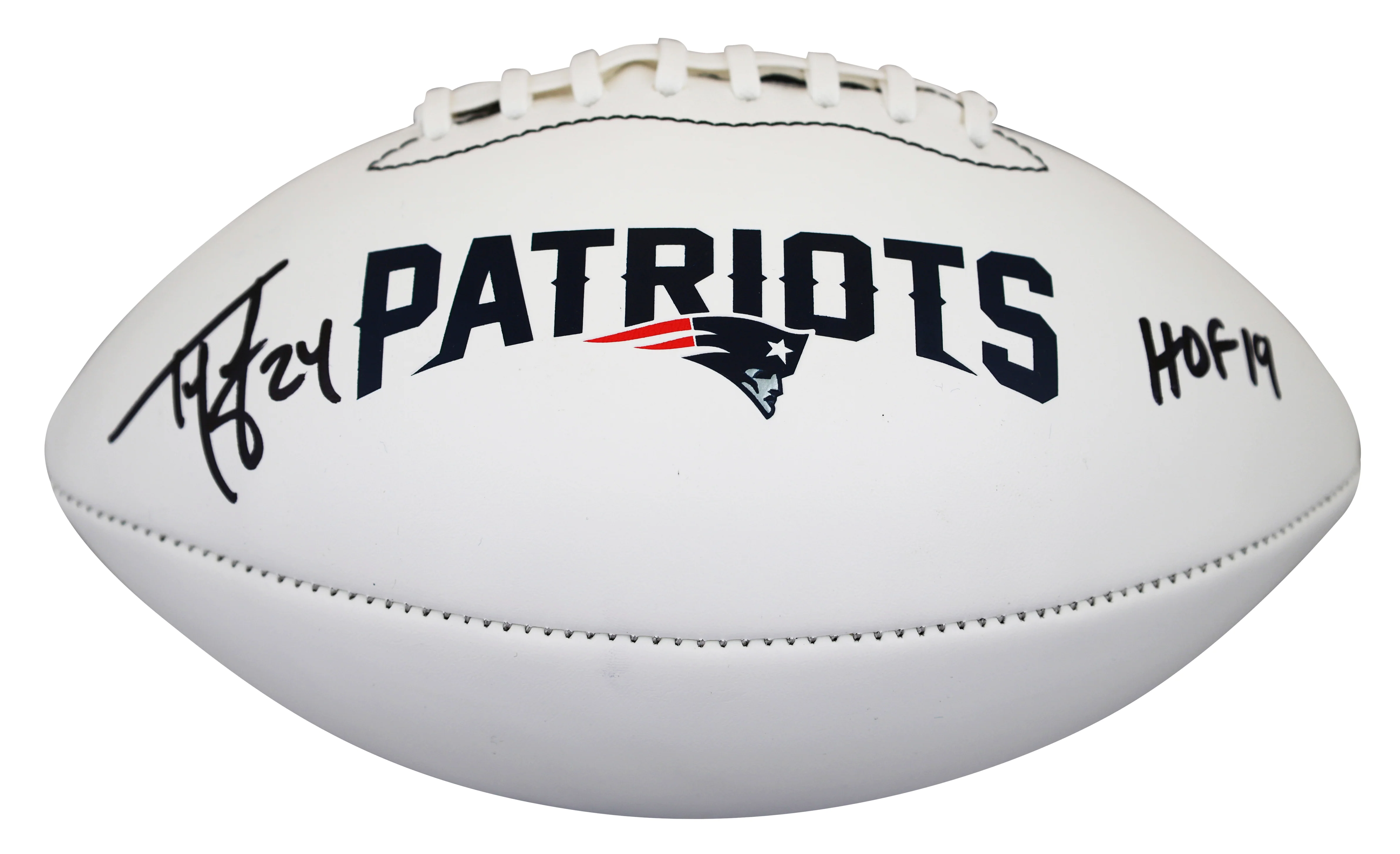 Patriots Ty Law "HOF 19" Signed Franklin White Panel Logo Football W/ Case BAS W - Image 4