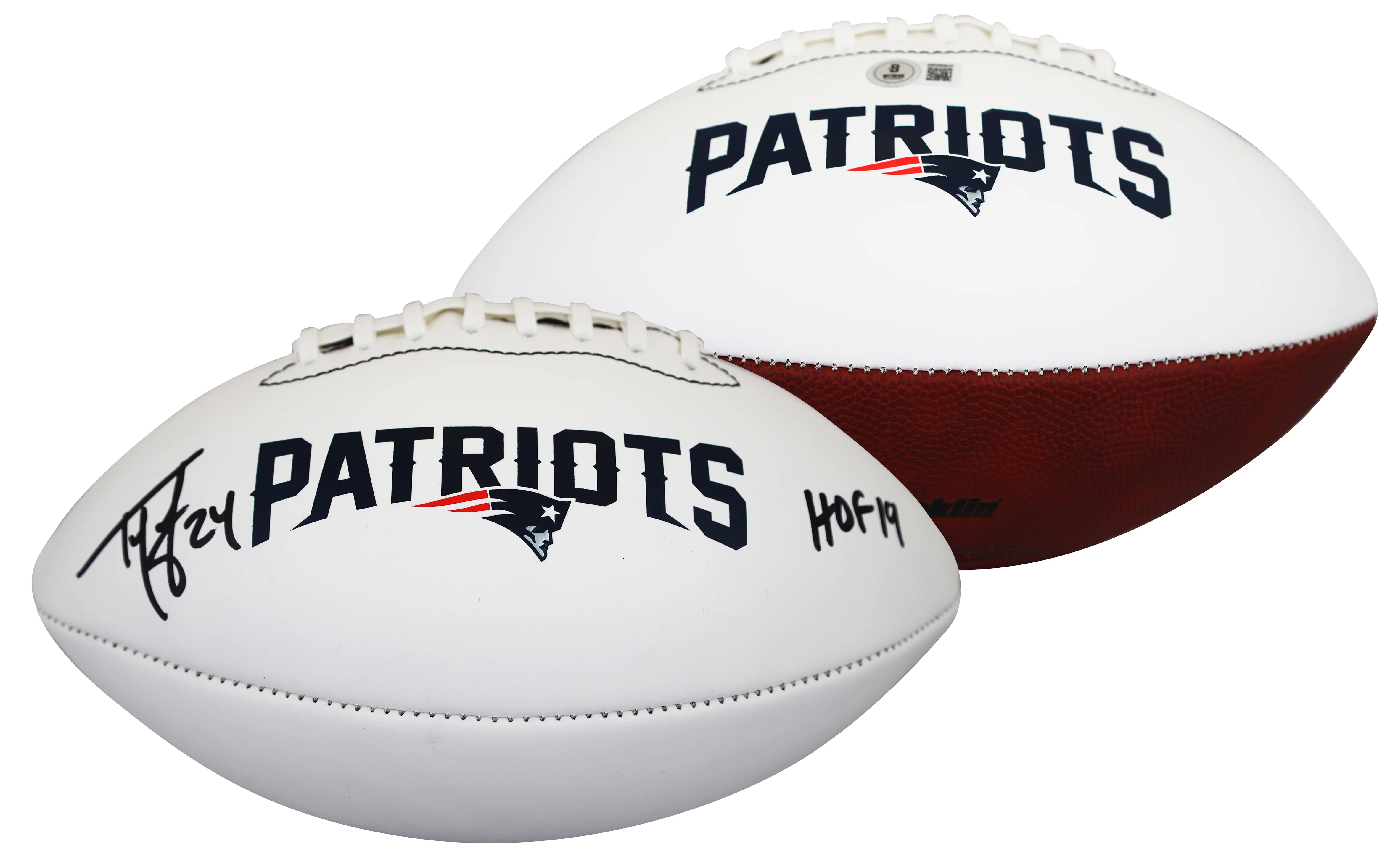 Patriots Ty Law "HOF 2019" Signed Franklin White Panel Logo Football BAS Witness
