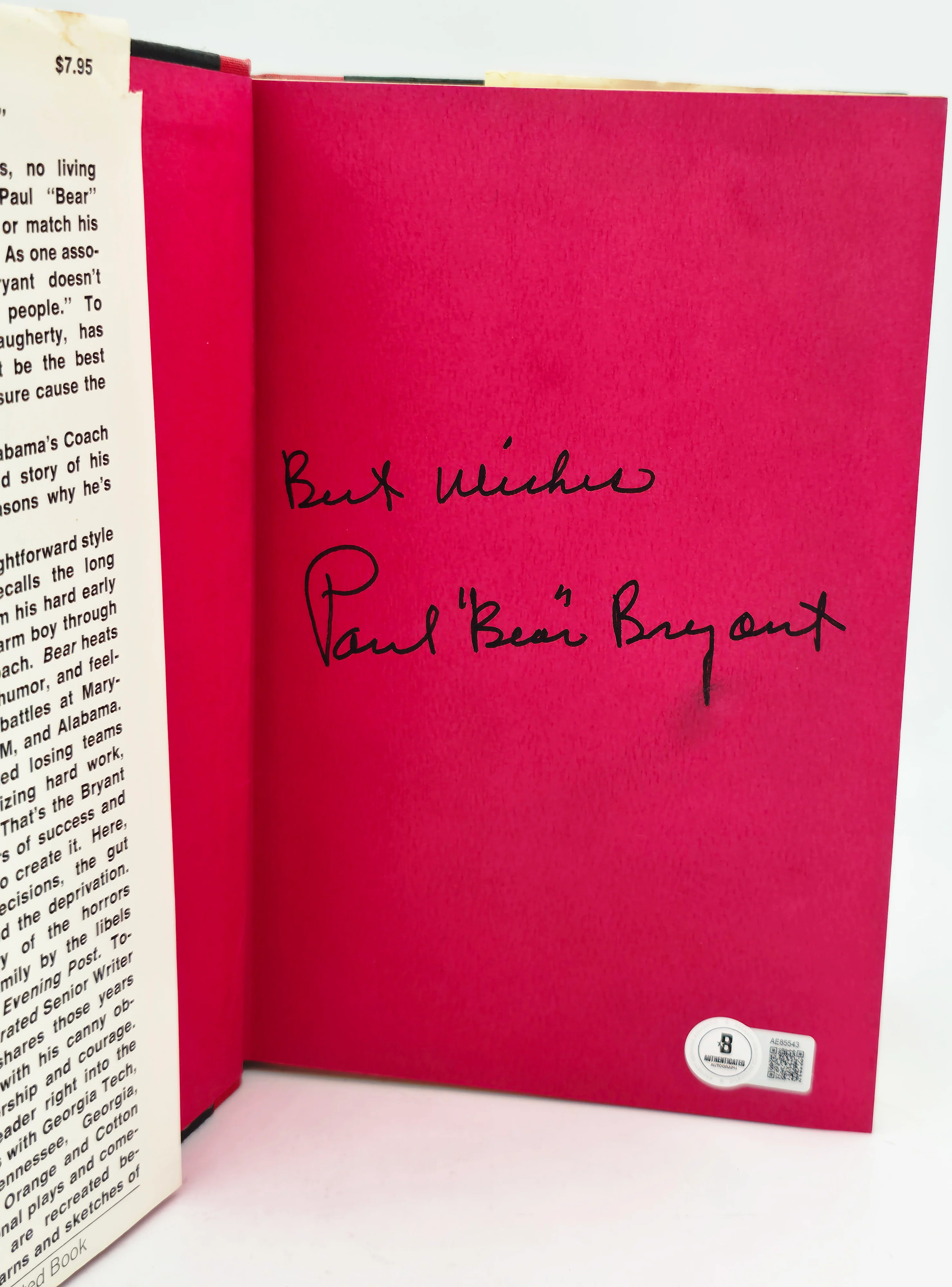 Paul Bear Bryant Autographed Book Alabama Crimson Tide "Best Wishes" Beckett BAS #AE85543 - Image 2