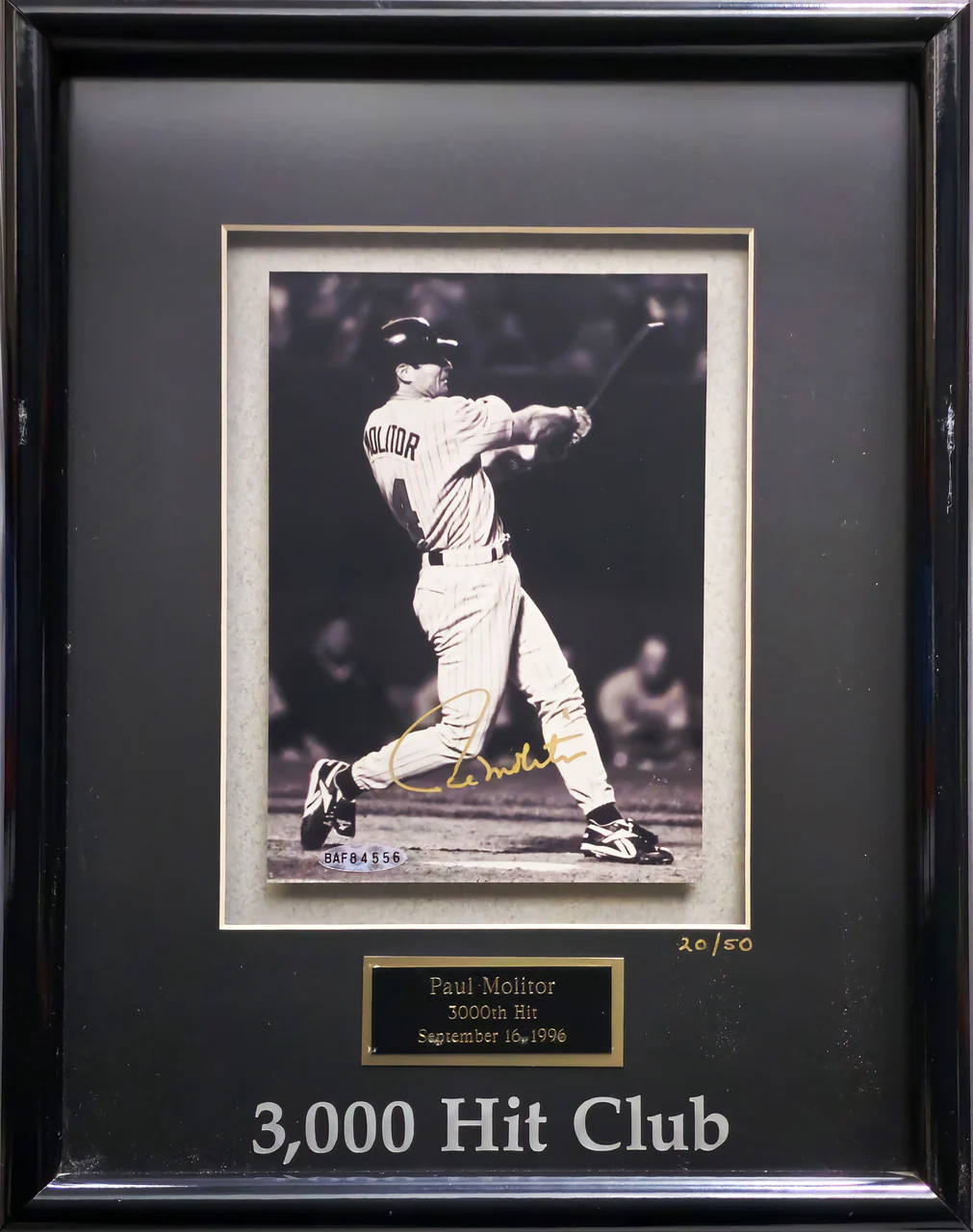 Paul Molitor Autographed Framed Gold 3000th Hit Club 5x7 Photo Minnesota Twins #20/50 UDA Holo #BAF84556