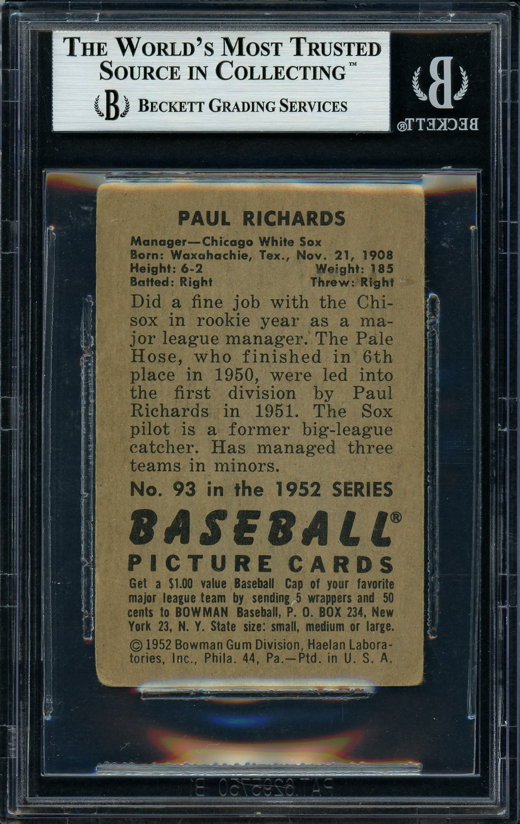 Paul Richards Autographed 1952 Bowman Rookie Card #93 Chicago White Sox Beckett BAS #11627883 - Image 2