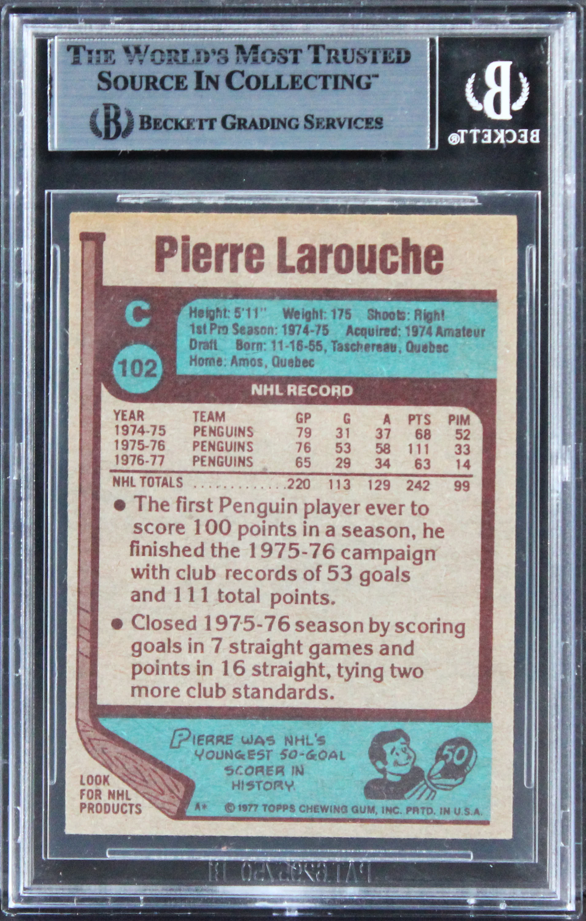 Penguins Pierre LaRouche Authentic Signed 1977 Topps #102 Card BAS Slabbed 2 - Image 3