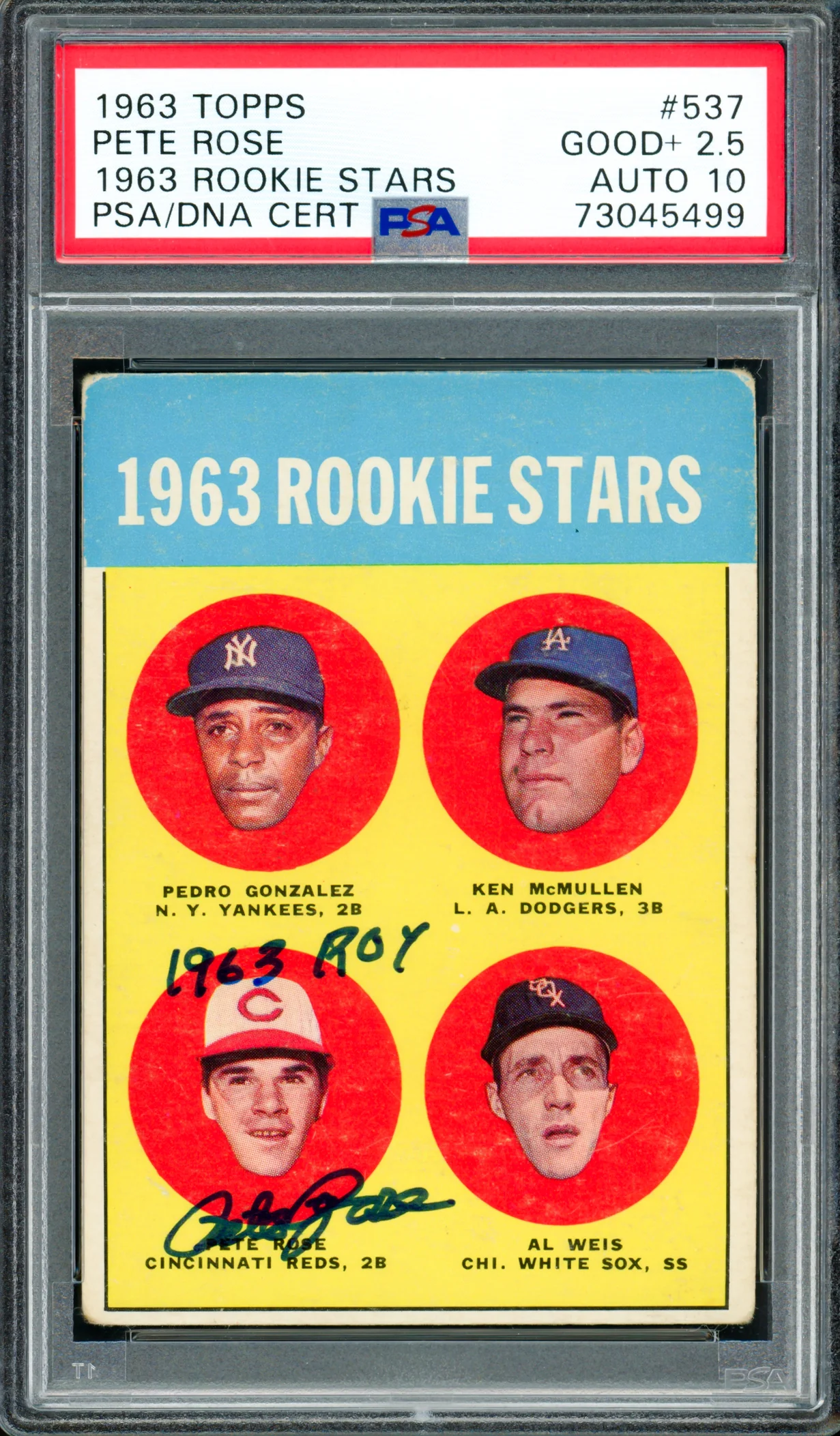 Pete Rose Autographed 1963 Topps Rookie Card #537 Cincinnati Reds PSA 2.5 Auto Grade Gem Mint 10 "1963 ROY" PSA/DNA #73045499