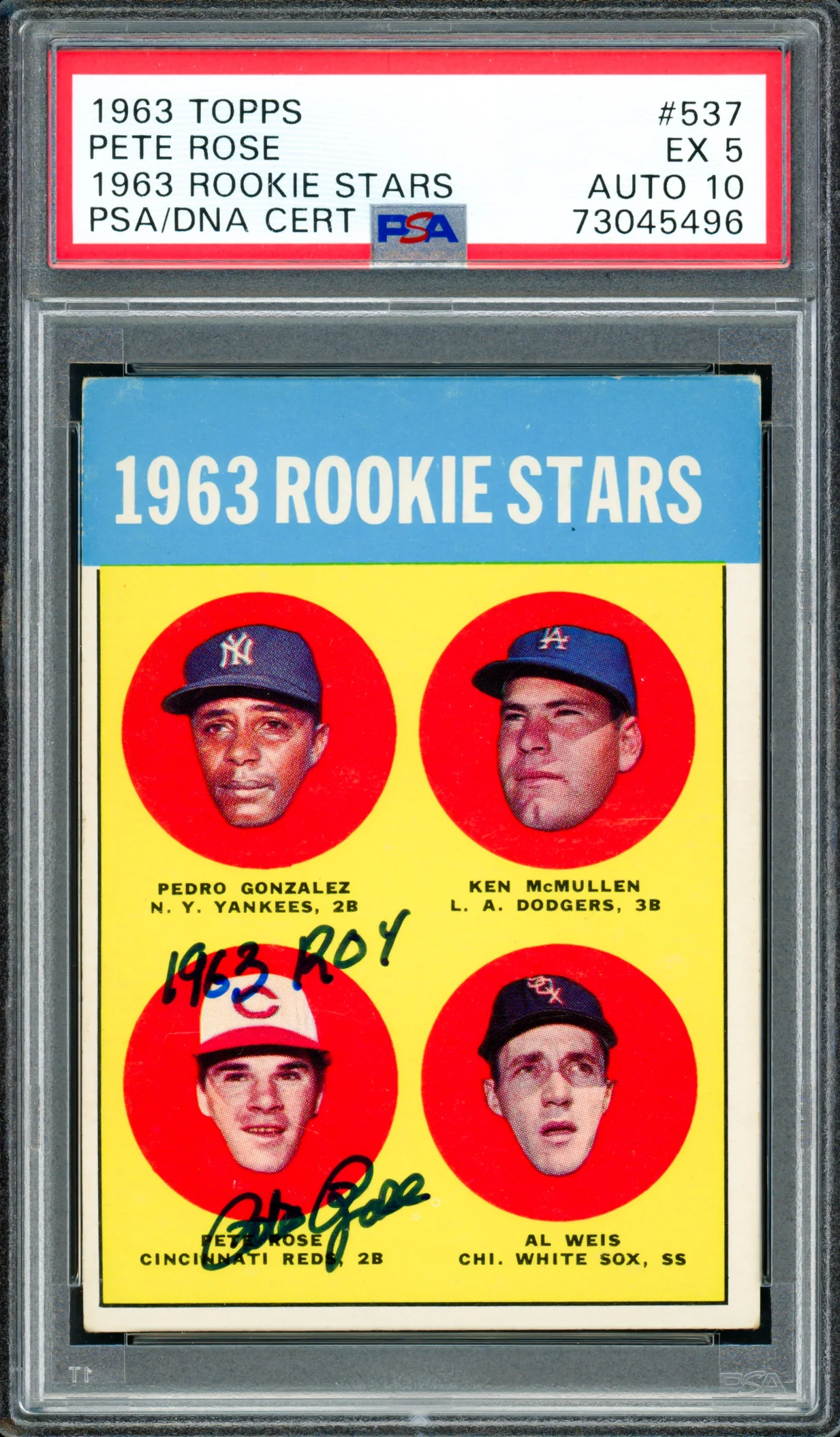 Pete Rose Autographed 1963 Topps Rookie Card #537 Cincinnati Reds PSA 5 Auto Grade Gem Mint 10 "1963 ROY" PSA/DNA #73045496