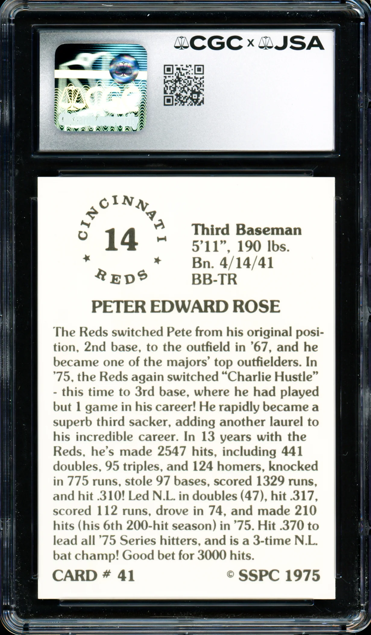 Pete Rose Autographed 1976 SSPC Card #41 Cincinnati Reds Card Grade 10 Auto Grade Gem Mint 10 CGC x JSA #6078174019 - Image 2