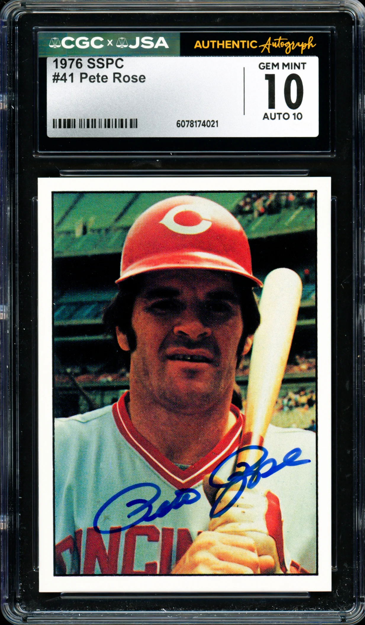 Pete Rose Autographed 1976 SSPC Card #41 Cincinnati Reds Card Grade 10 Auto Grade Gem Mint 10 CGC x JSA #6078174021