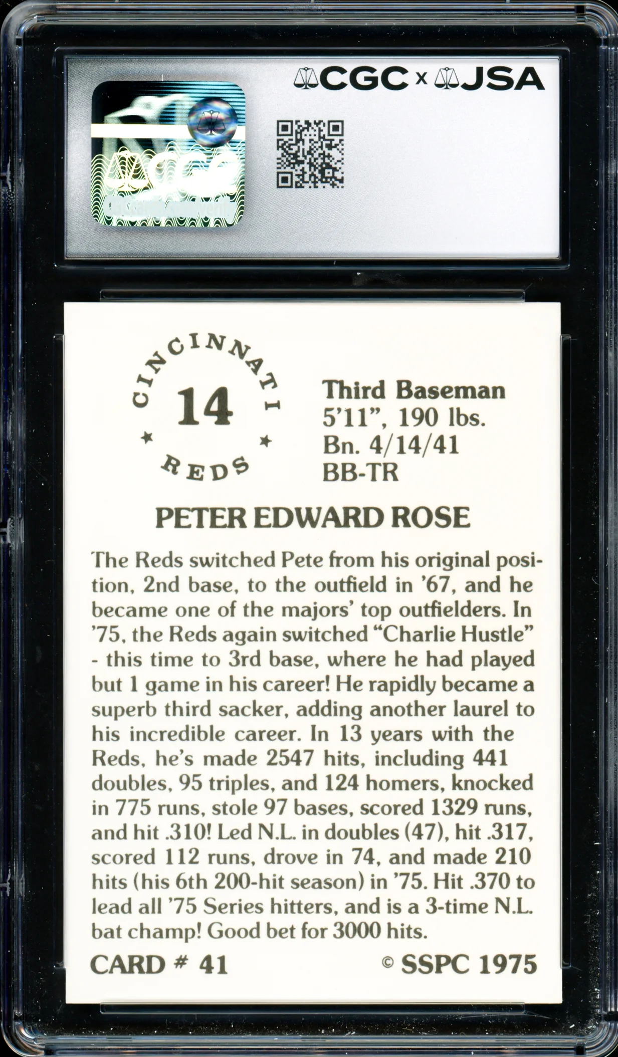 Pete Rose Autographed 1976 SSPC Card #41 Cincinnati Reds Card Grade 10 Auto Grade Gem Mint 10 CGC x JSA #6078174021 - Image 2
