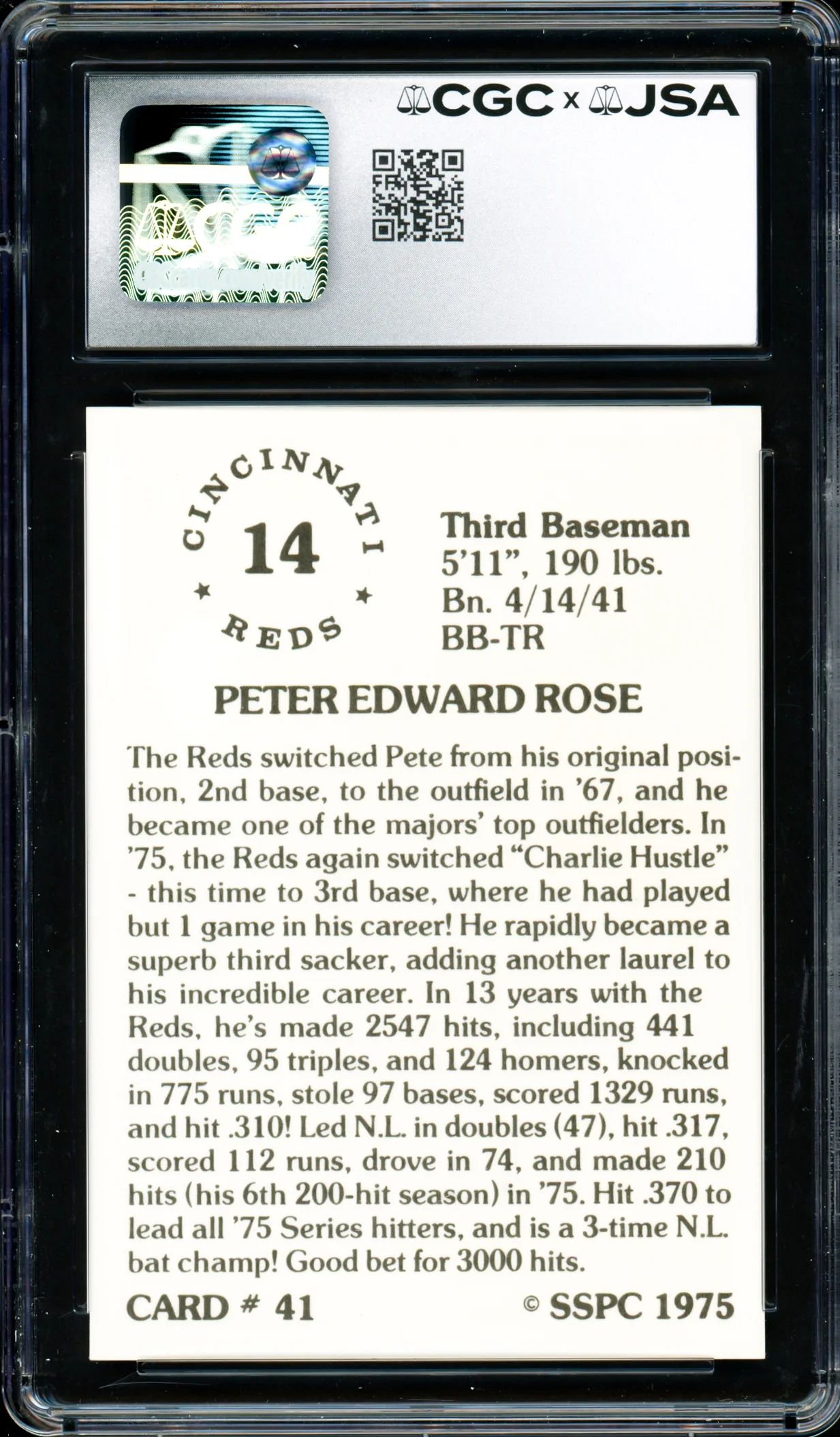 Pete Rose Autographed 1976 SSPC Card #41 Cincinnati Reds Card Grade 7 Auto Grade Gem Mint 10 CGC x JSA #6078174016 - Image 2