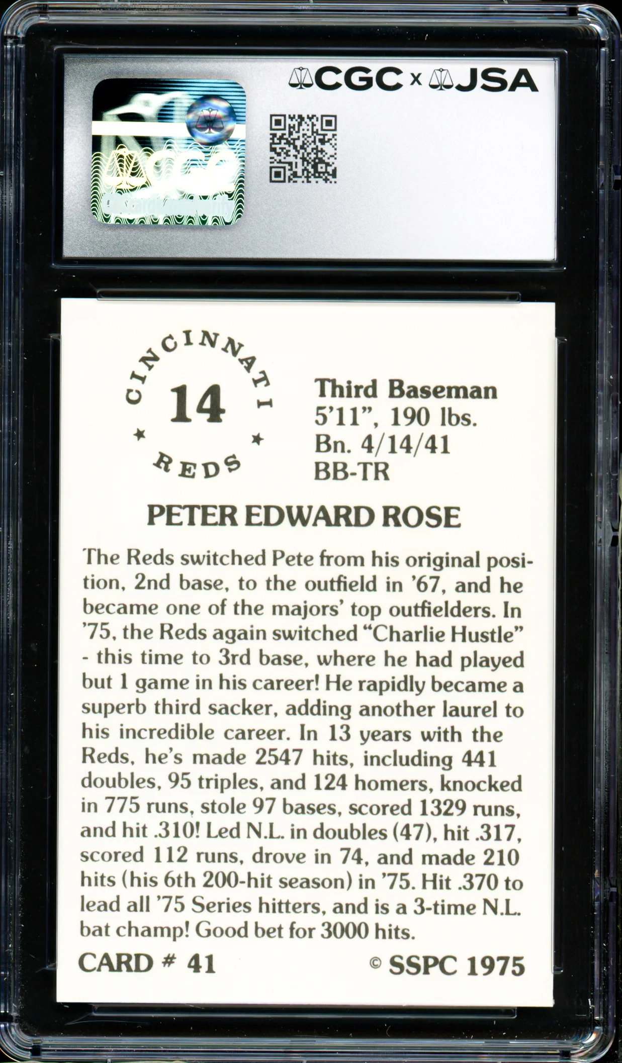 Pete Rose Autographed 1976 SSPC Card #41 Cincinnati Reds Card Grade 8.5 Auto Grade Gem Mint 10 CGC x JSA #6078174011 - Image 2