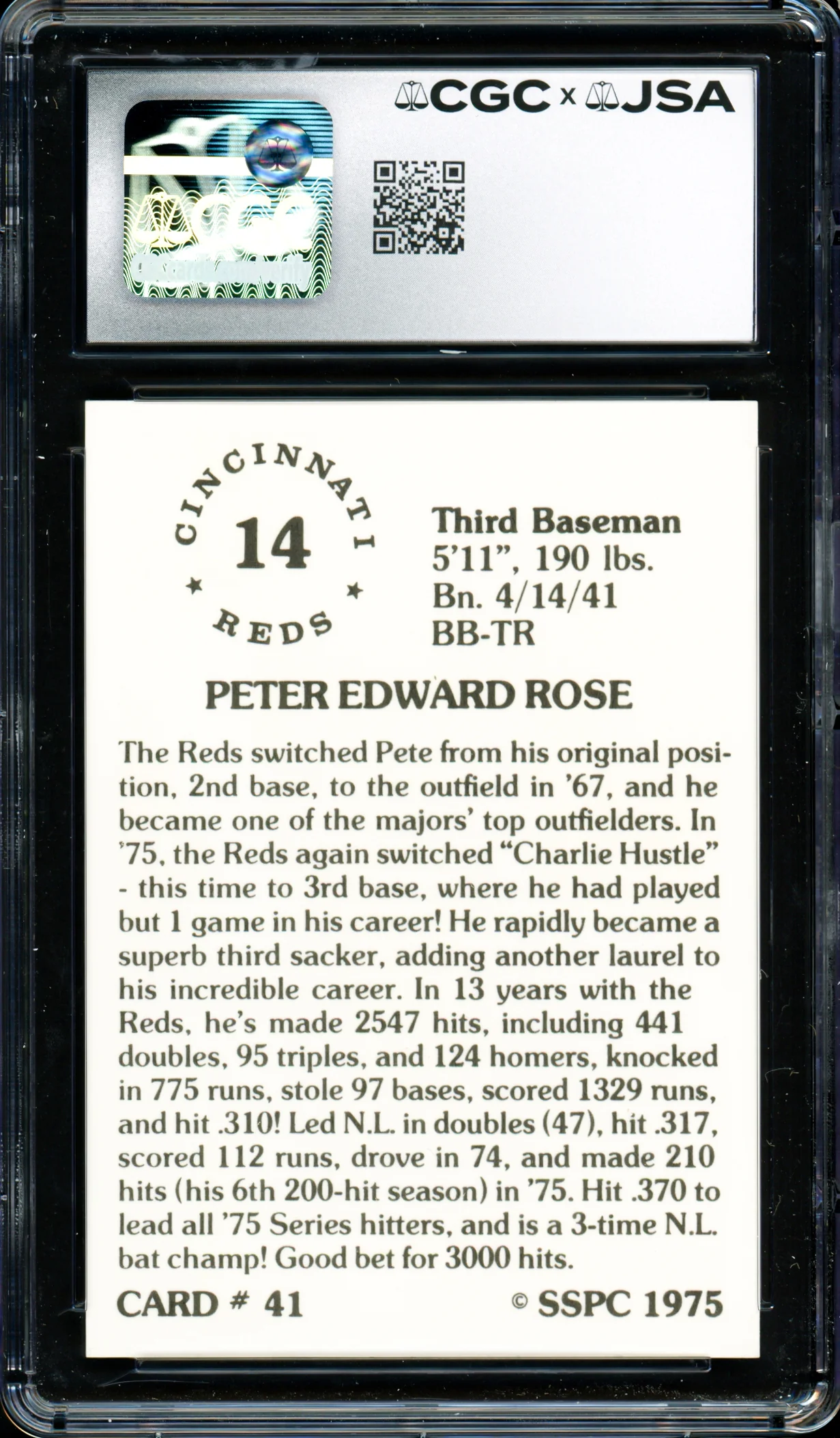 Pete Rose Autographed 1976 SSPC Card #41 Cincinnati Reds Card Grade 9.5 Auto Grade Gem Mint 10 CGC x JSA #6078174028 - Image 2