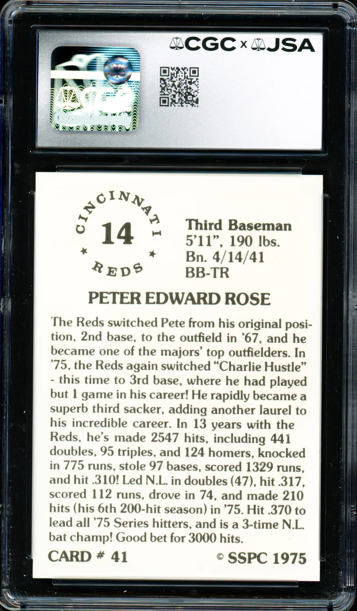 Pete Rose Autographed 1976 SSPC Card #41 Cincinnati Reds Card Grade 9.5 CGC x JSA #6078174014 - Image 2