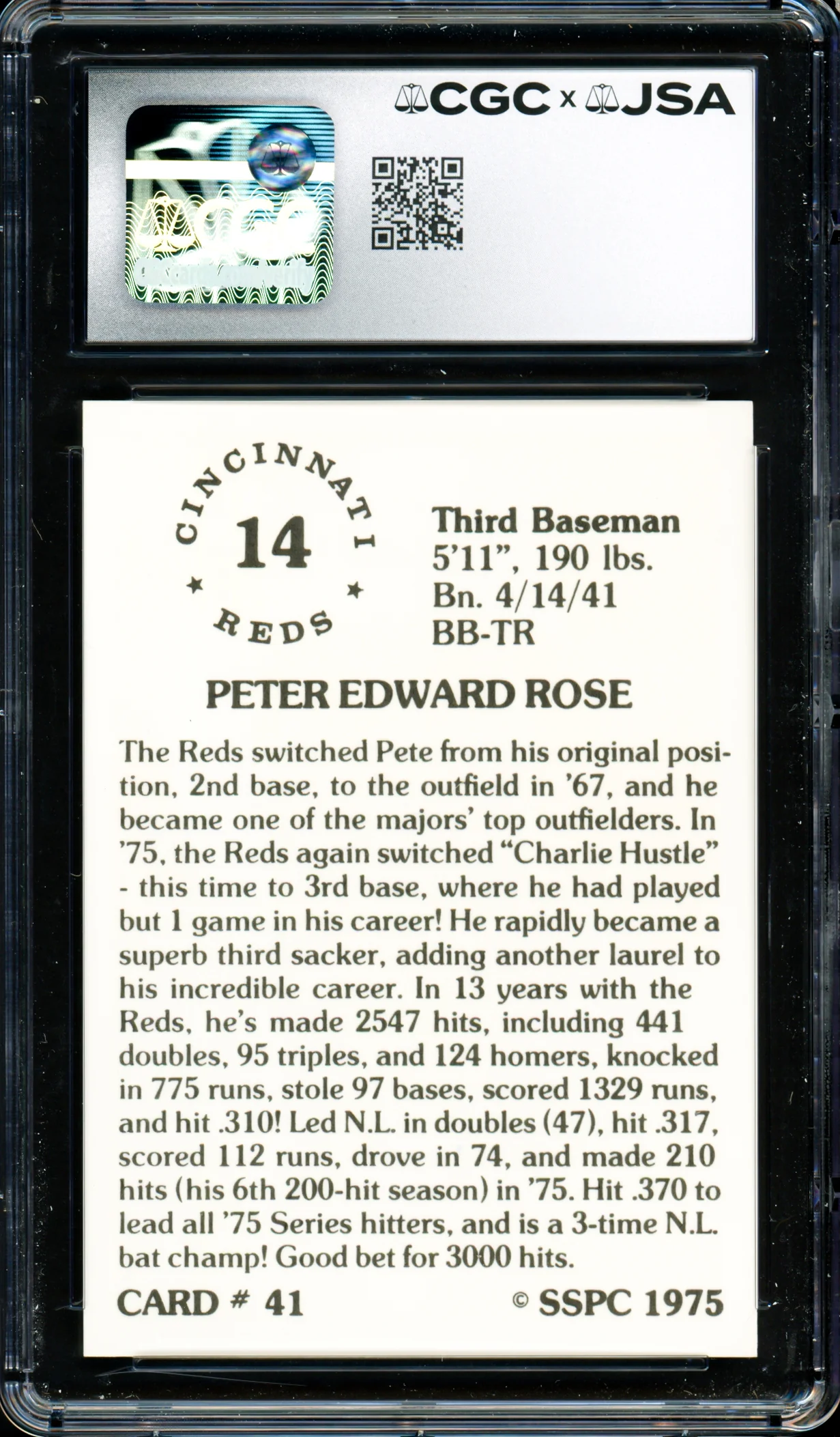 Pete Rose Autographed 1976 SSPC Card #41 Cincinnati Reds Card Grade 9 Auto Grade Gem Mint 10 CGC x JSA #6078174029 - Image 2