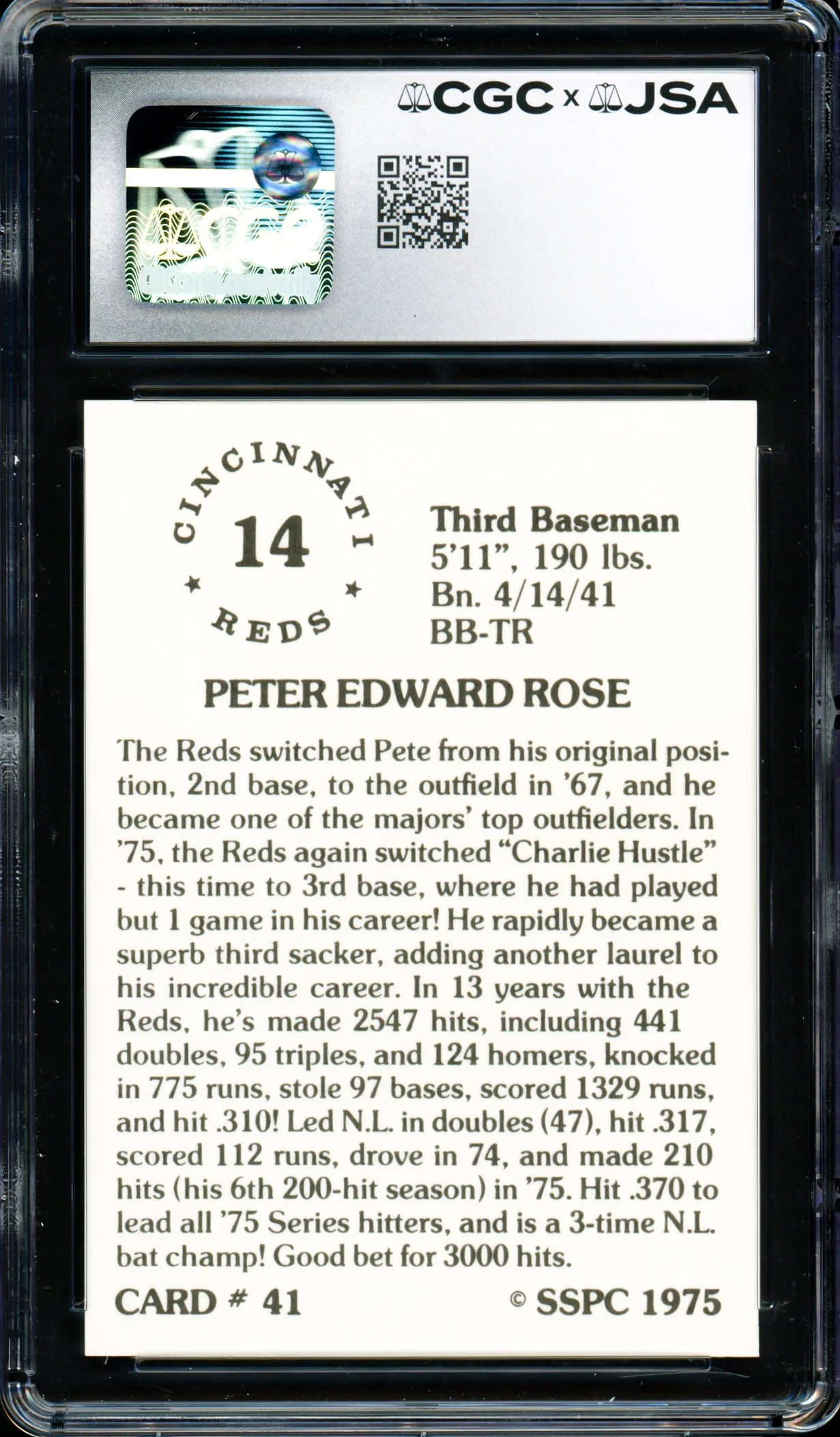 Pete Rose Autographed 1976 SSPC Card #41 Cincinnati Reds Card Grade 9 CGC x JSA #6078174024 - Image 2